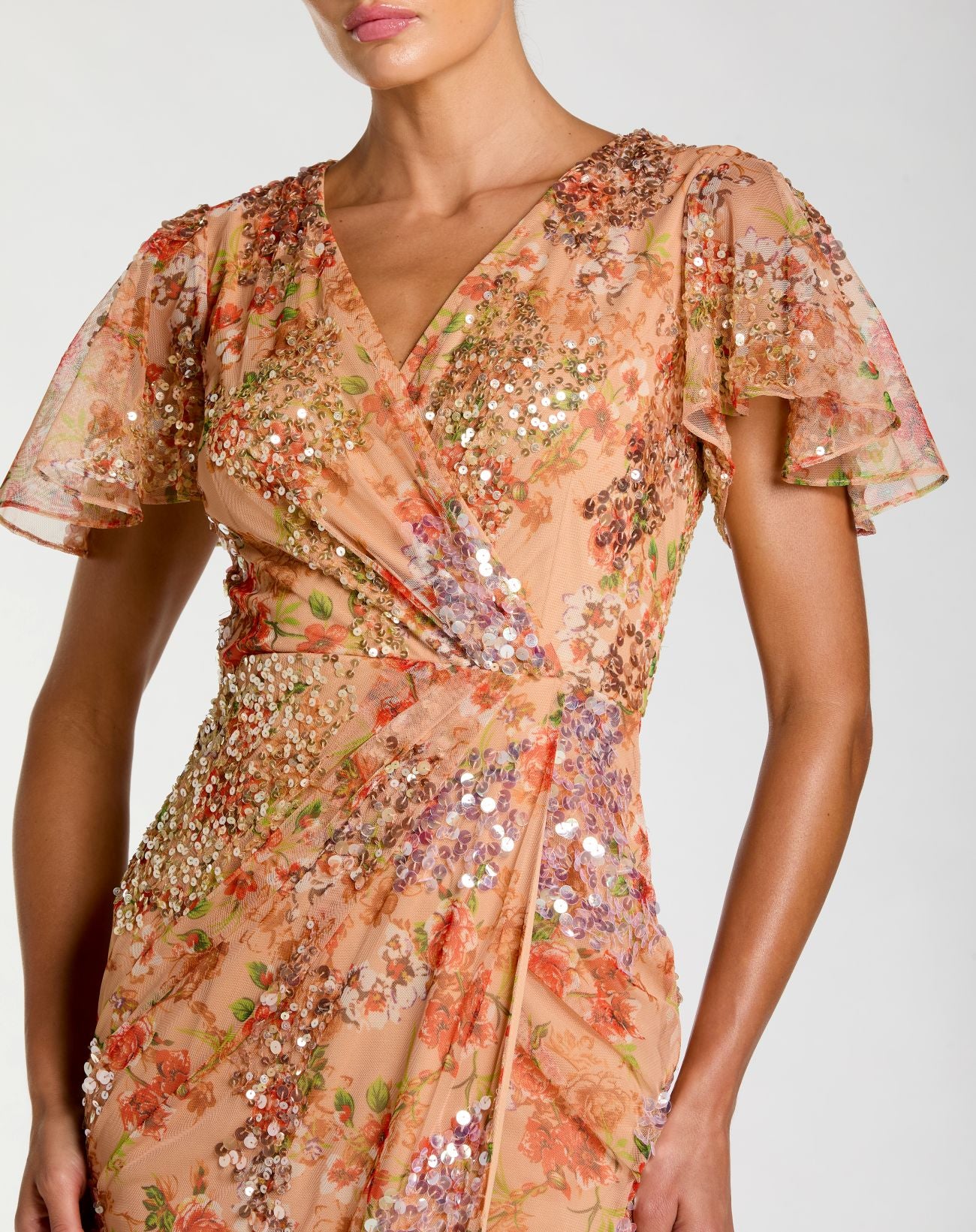 Orange Embellished Floral Flutter Sleeve Midi Dress - Mac Duggal