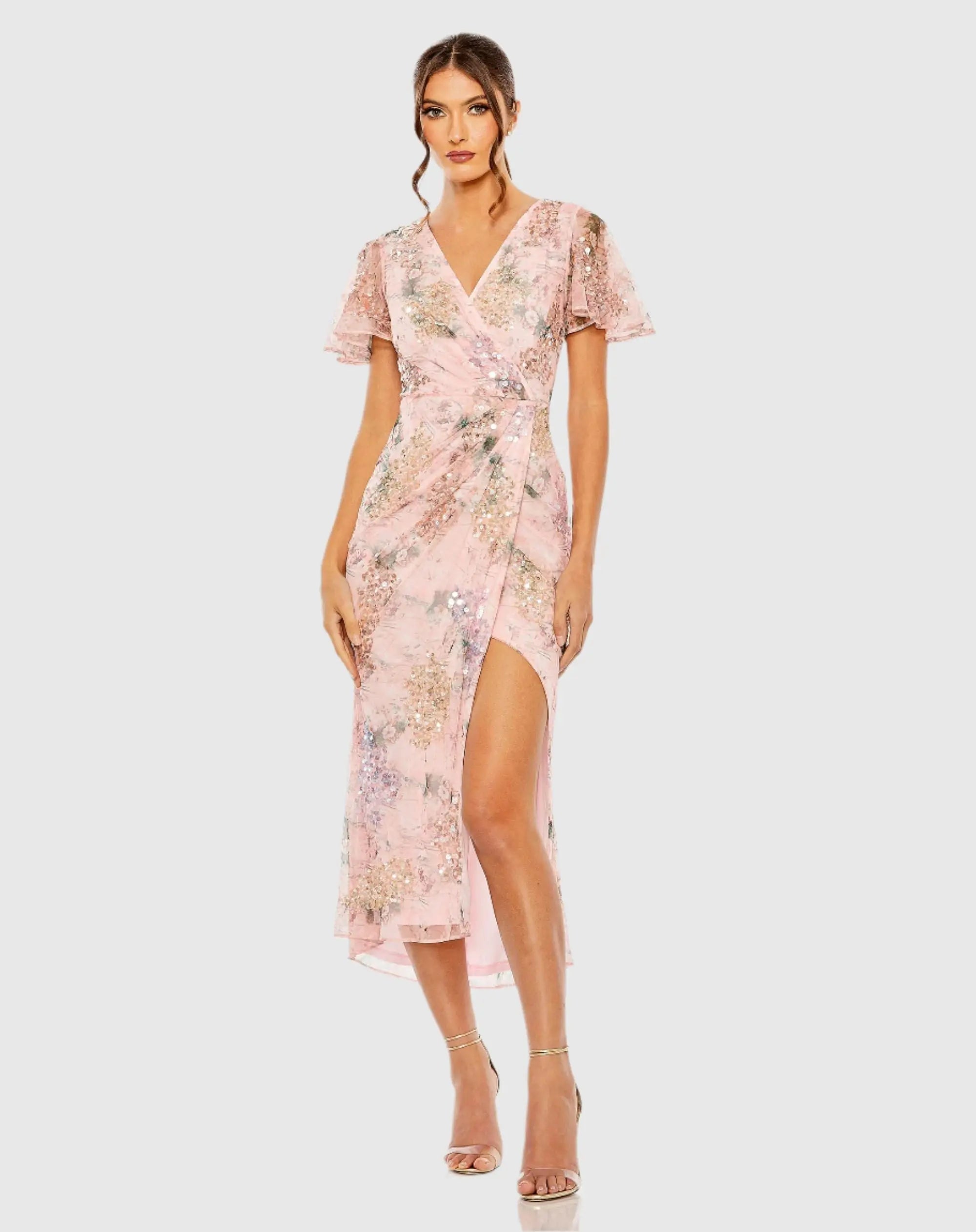 Pink Printed Mesh Flutter Sleeve Faux Wrap Midi Dress - Ieena for Mac Duggal