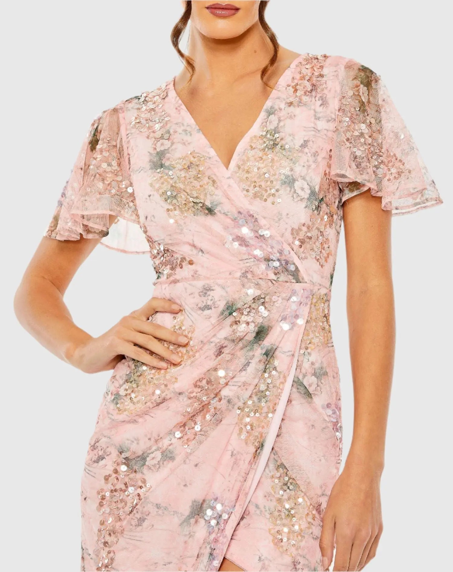 Pink Printed Mesh Flutter Sleeve Faux Wrap Midi Dress - Ieena for Mac Duggal