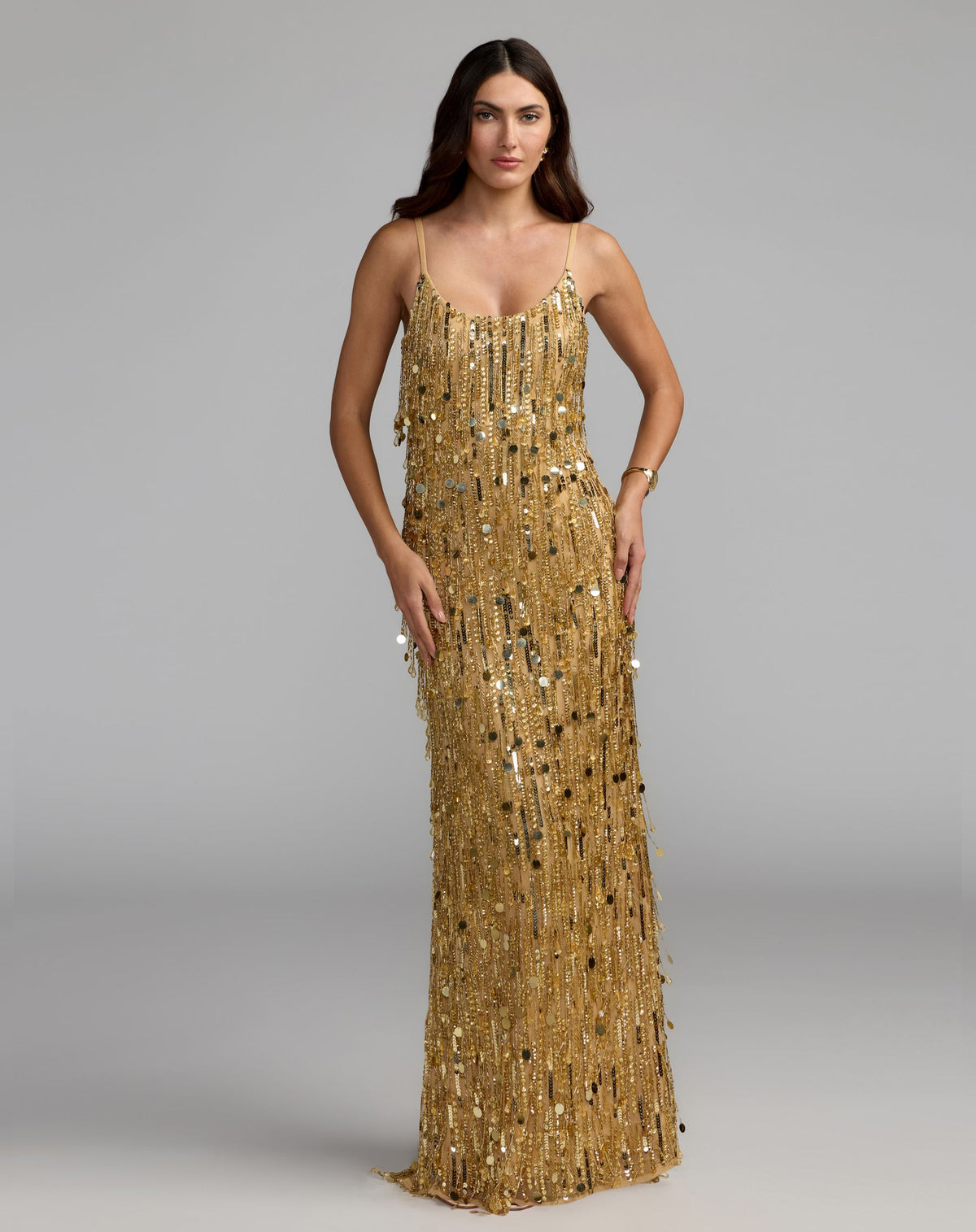 Gold Fringe Embellished Sleeveless Column Gown - Mac Duggal