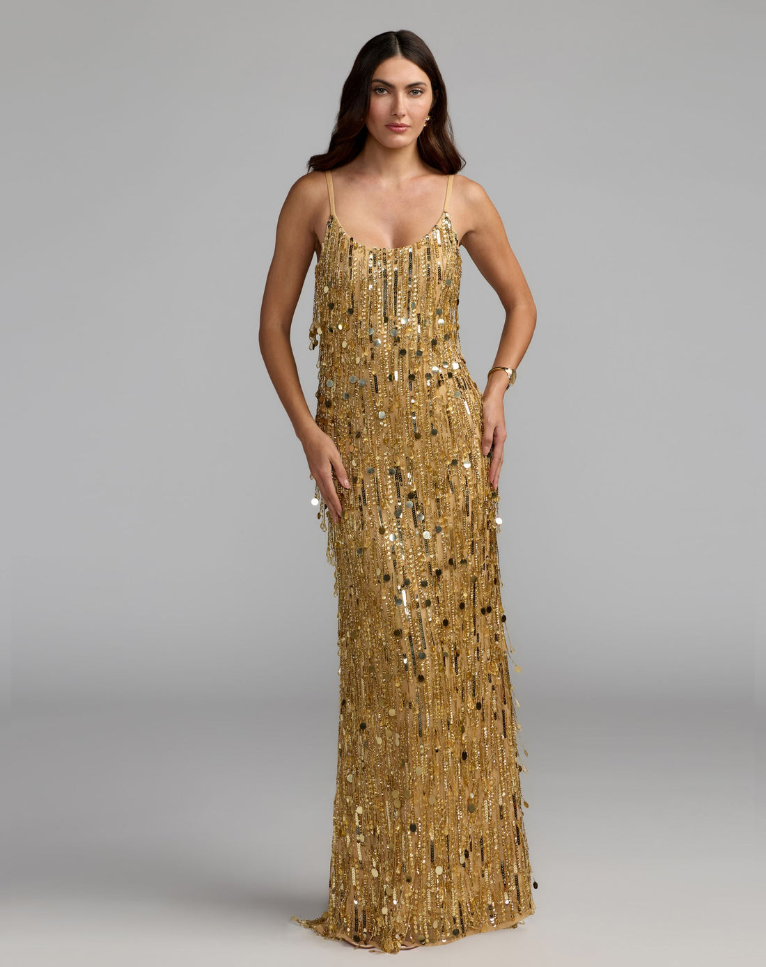 Gold Fringe Embellished Sleeveless Column Gown - Mac Duggal