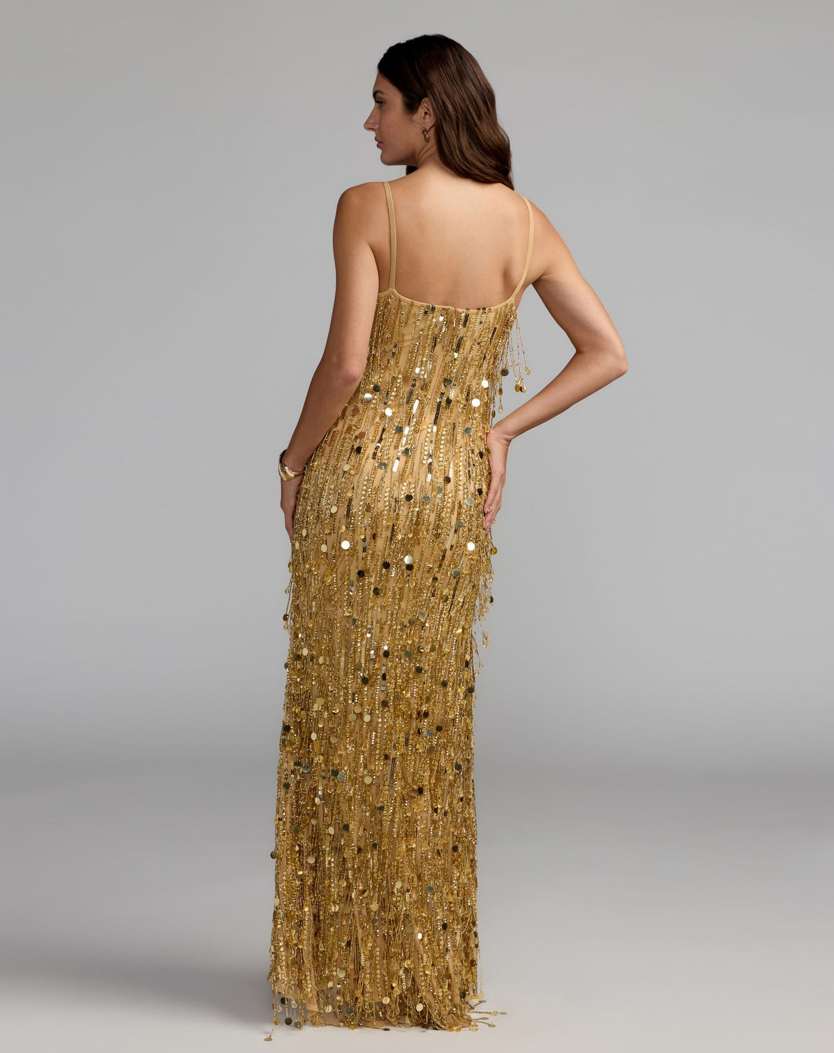 Gold Fringe Embellished Sleeveless Column Gown - Mac Duggal