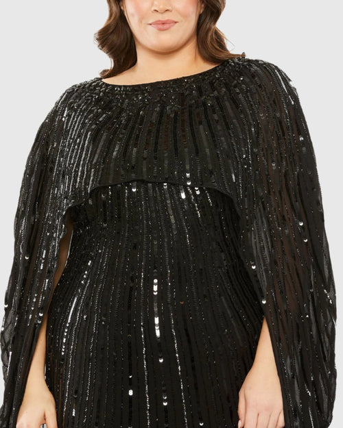 Black Embellished Column Cape Gown