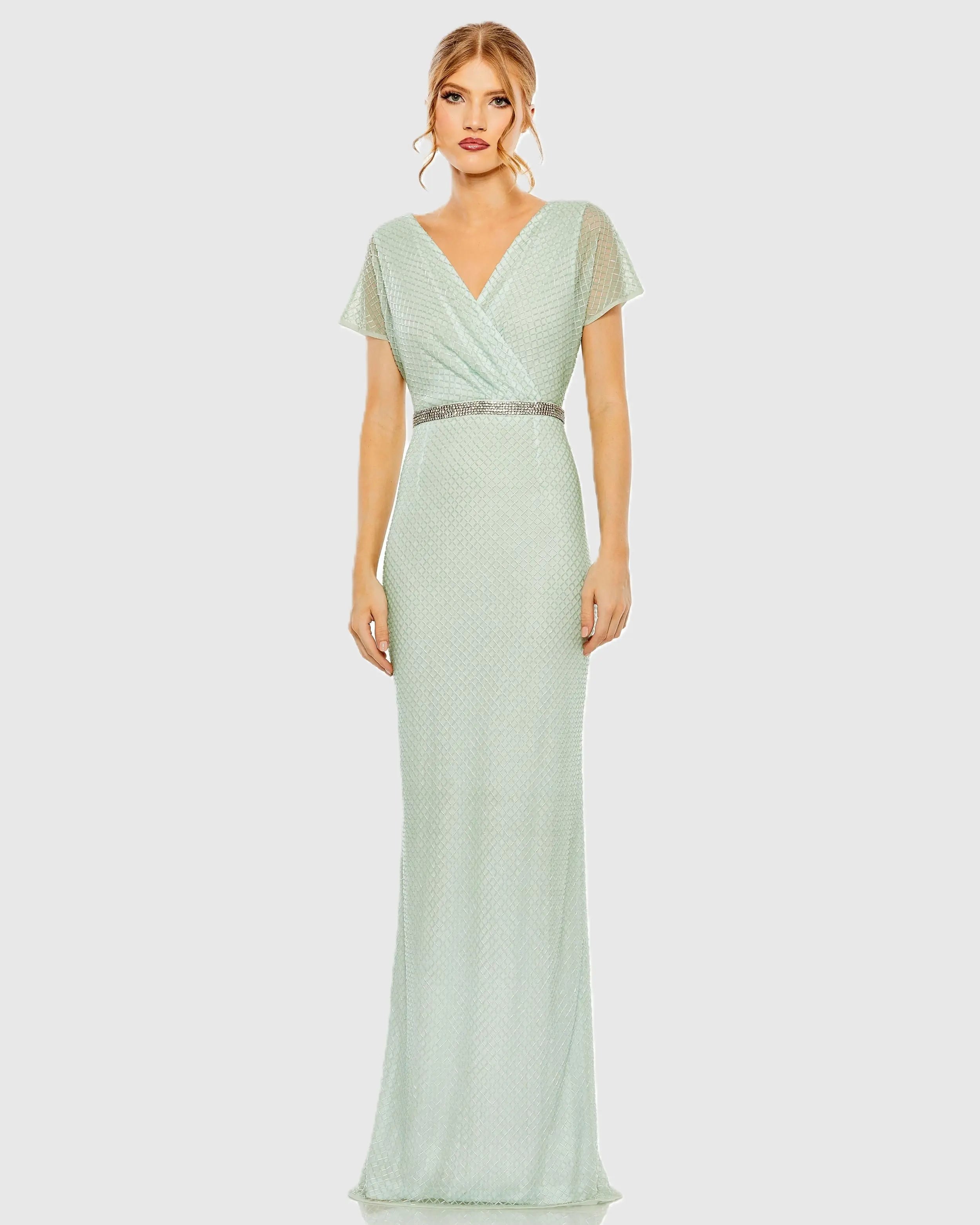 Green Short Sleeve Beaded V-Neck Gown - Mac Duggal