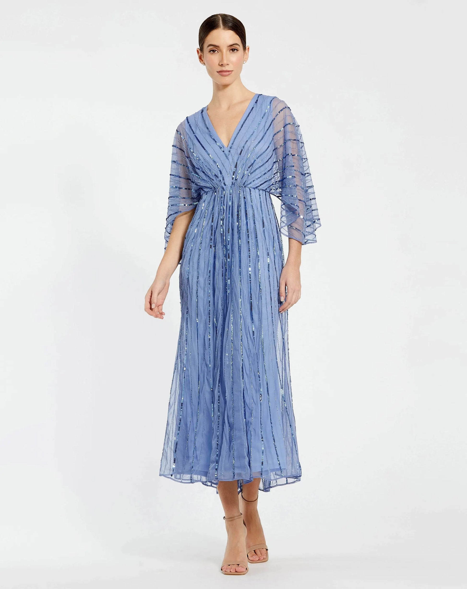 Mac Duggal - Blue Beaded Kimono V-Neck Empire Midi Dress - Periwinkle / US 18 Mac Duggal - Blue Beaded Kimono V-Neck Empire Midi Dress - Periwinkle / US 18