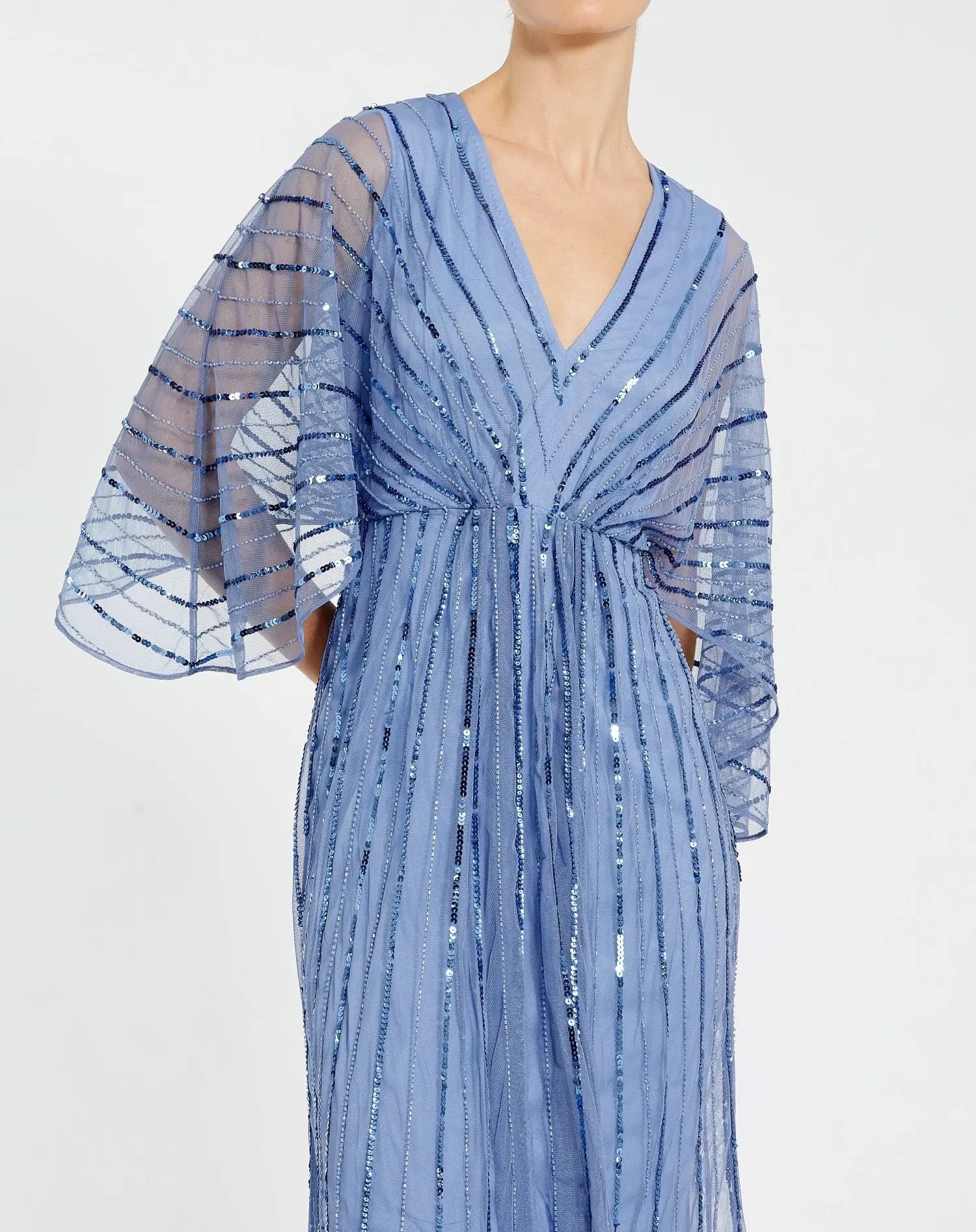 Blue Beaded Kimono V-Neck Empire Midi Dress | Mac Duggal Blue Beaded Kimono V-Neck Empire Midi Dress | Mac Duggal