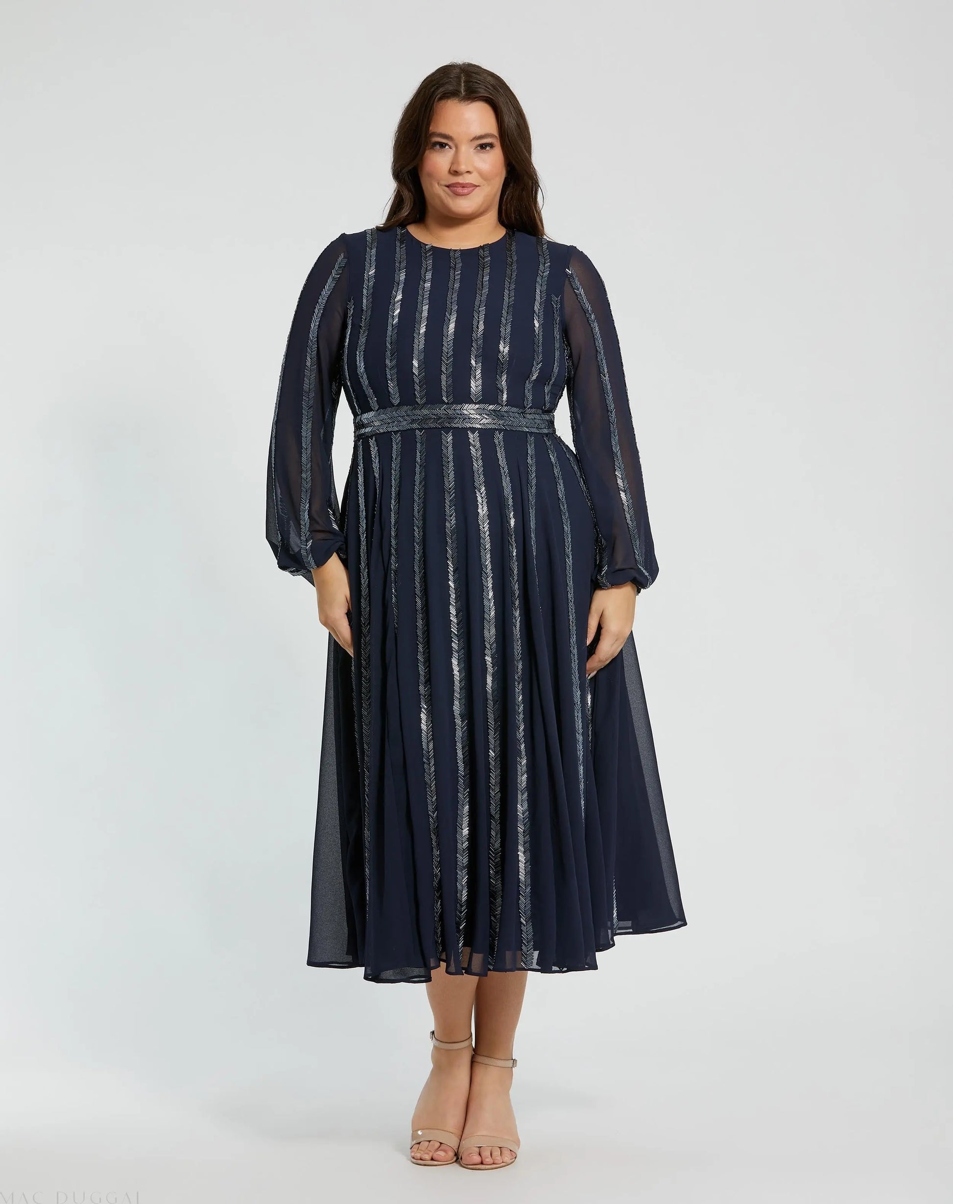 Mac Duggal Plus Size Long Sheer Sleeve Beaded Dress - Midnight Mac Duggal Plus Size Long Sheer Sleeve Beaded Dress - Midnight