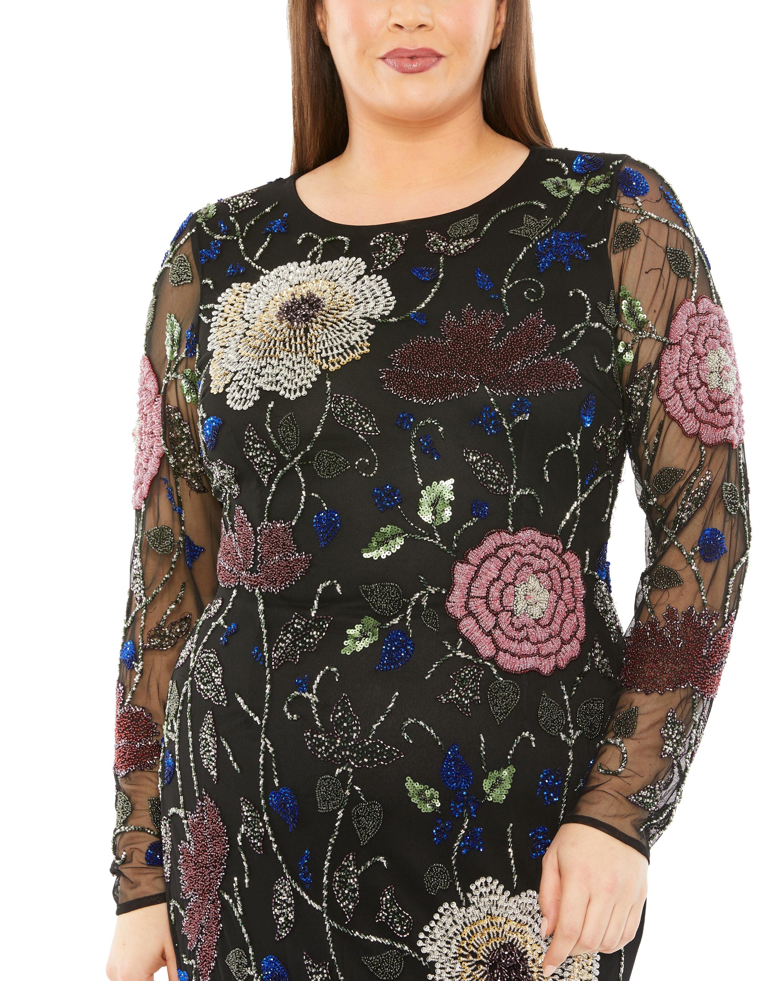 Long Sleeve High Neck Floral Embroidered Gown
