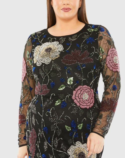 Vestido longo bordado floral com gola alta e manga comprida 