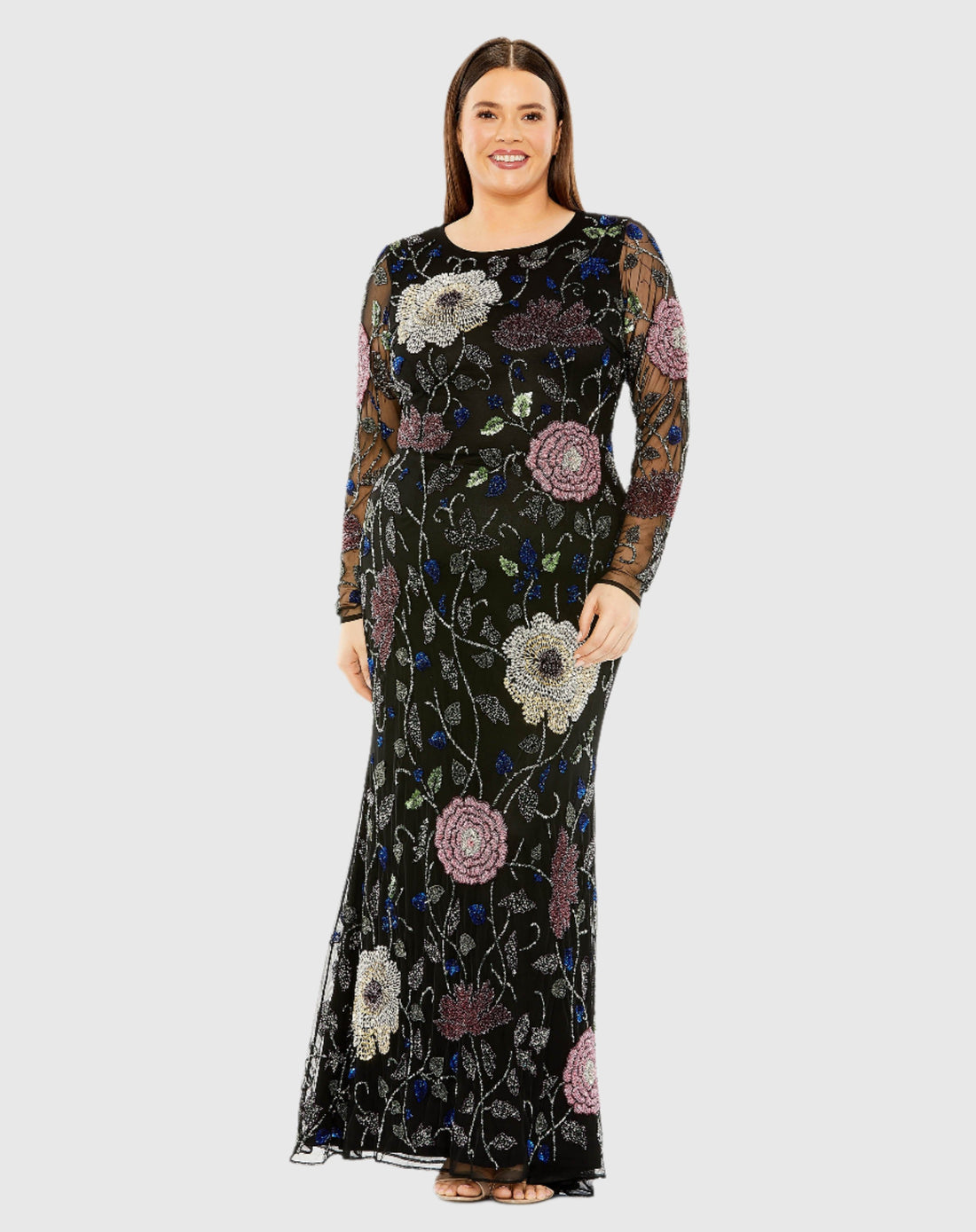 Long Sleeve High Neck Floral Embroidered Gown