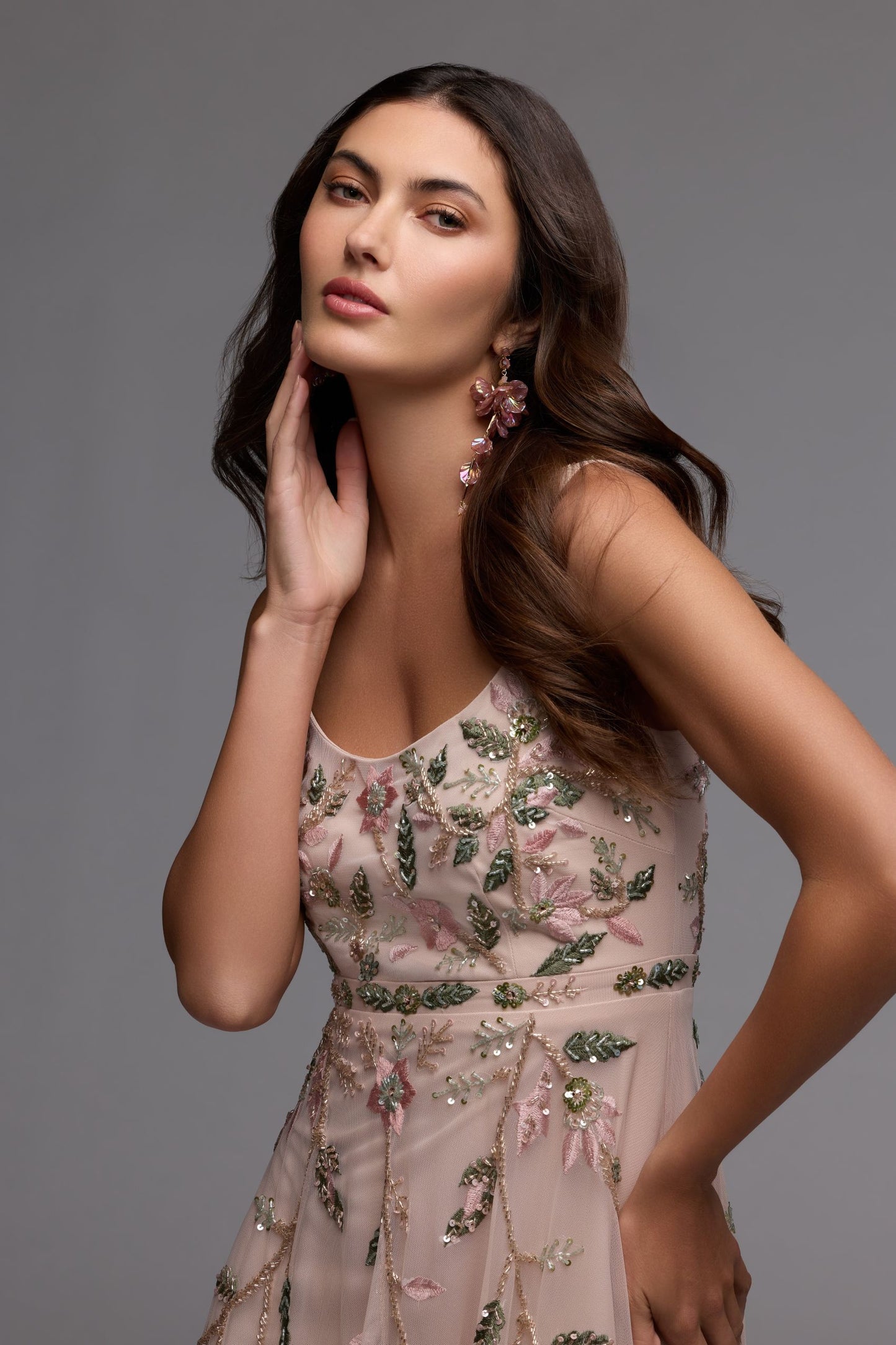 Pink Ruffle Midi Dress with Floral Embroidery Mac Duggal