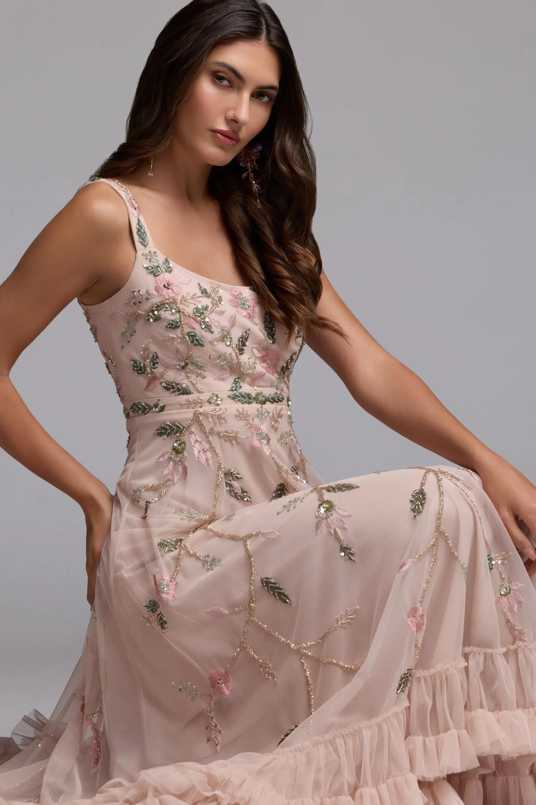Pink Ruffle Midi Dress with Floral Embroidery Mac Duggal