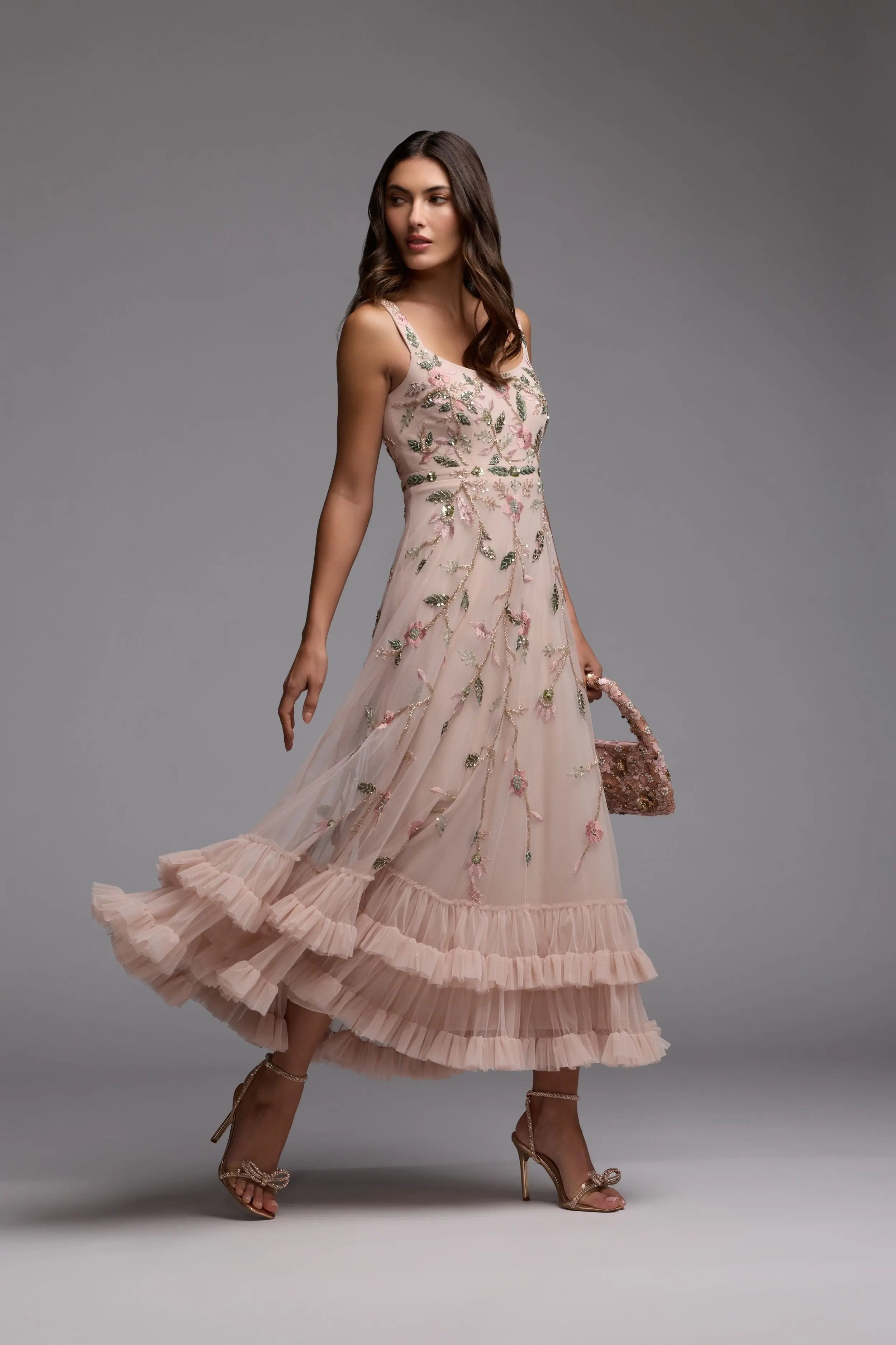 Pink Ruffle Midi Dress with Floral Embroidery Mac Duggal