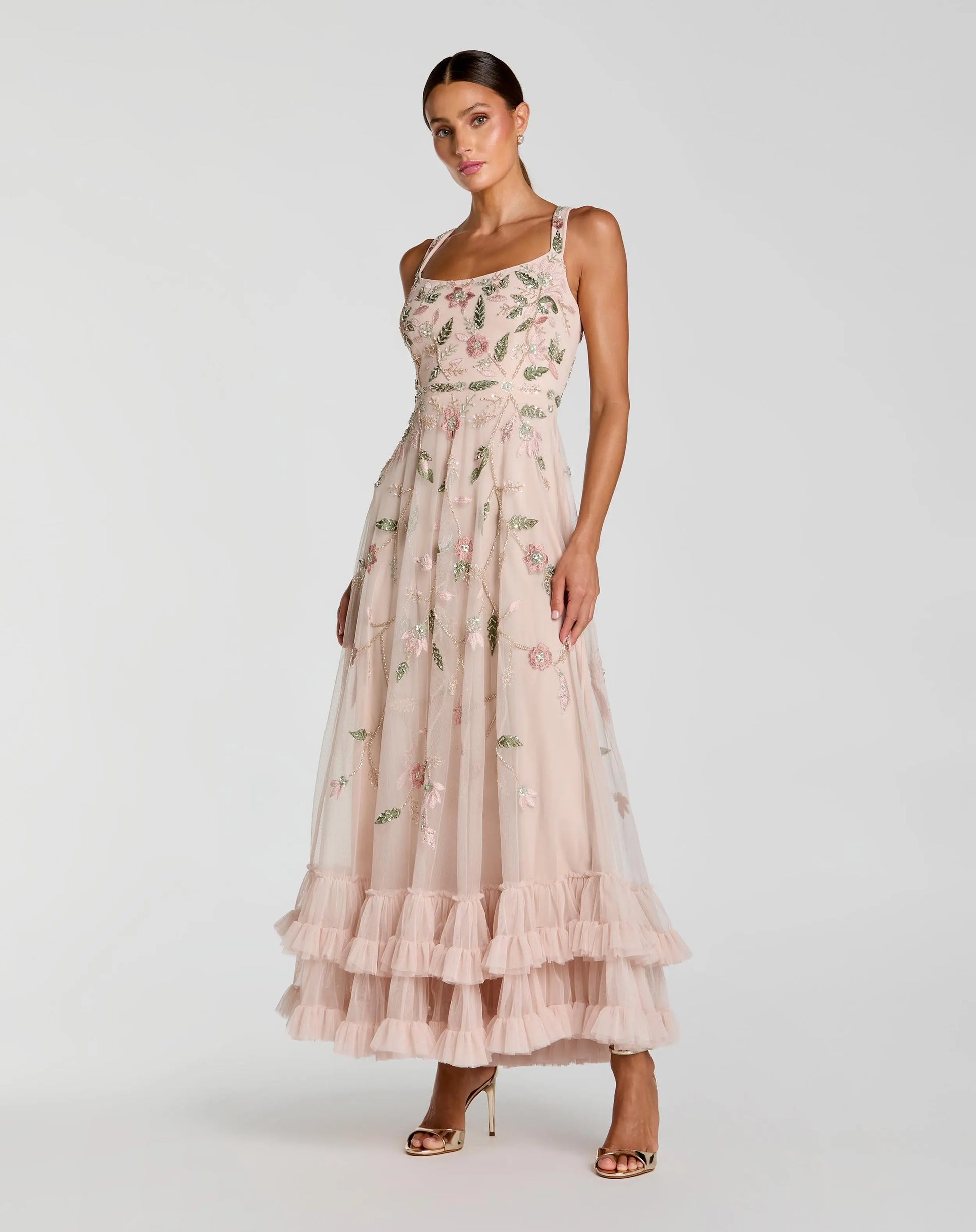 Pink Ruffle Midi Dress with Floral Embroidery | Mac Duggal Pink Ruffle Midi Dress with Floral Embroidery | Mac Duggal