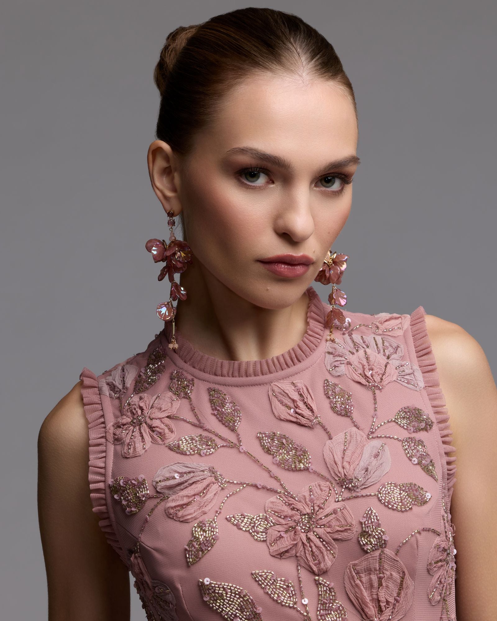 Pink High Neck Sleeveless Beaded Dress With Ruffled Hem - Mac Duggal