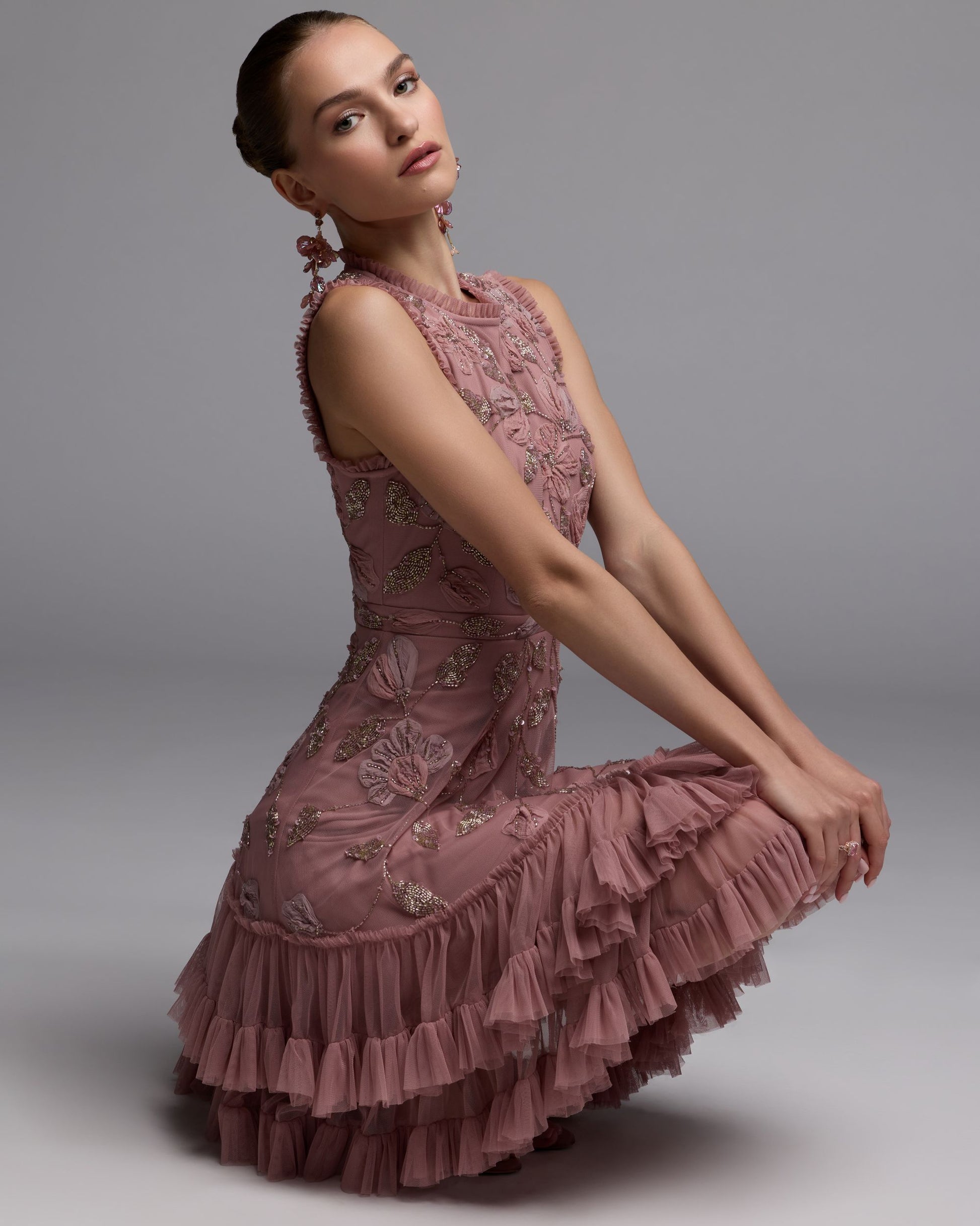 Pink High Neck Sleeveless Beaded Dress With Ruffled Hem - Mac Duggal