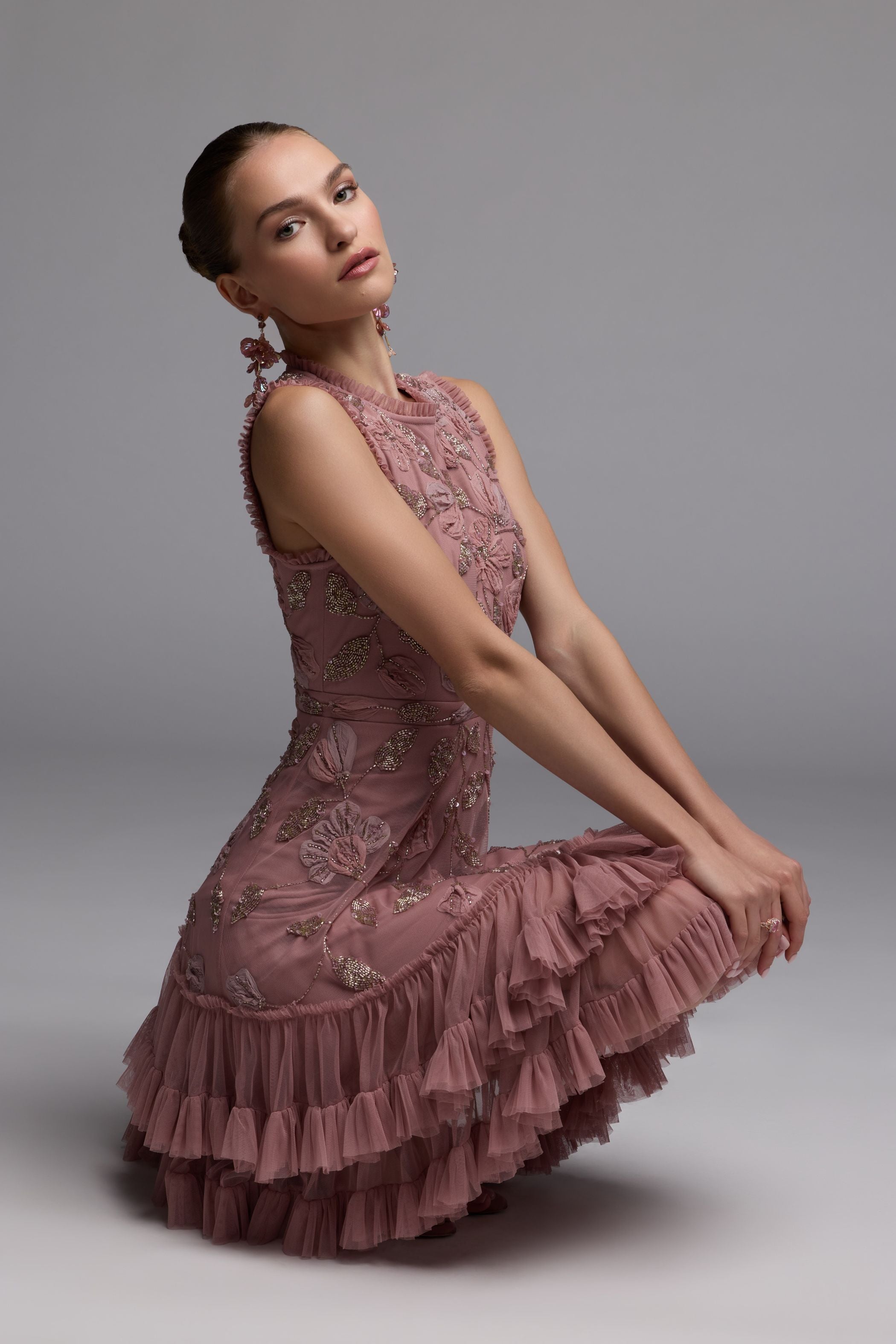 Pink High Neck Sleeveless Beaded Dress With Ruffled Hem - Mac Duggal