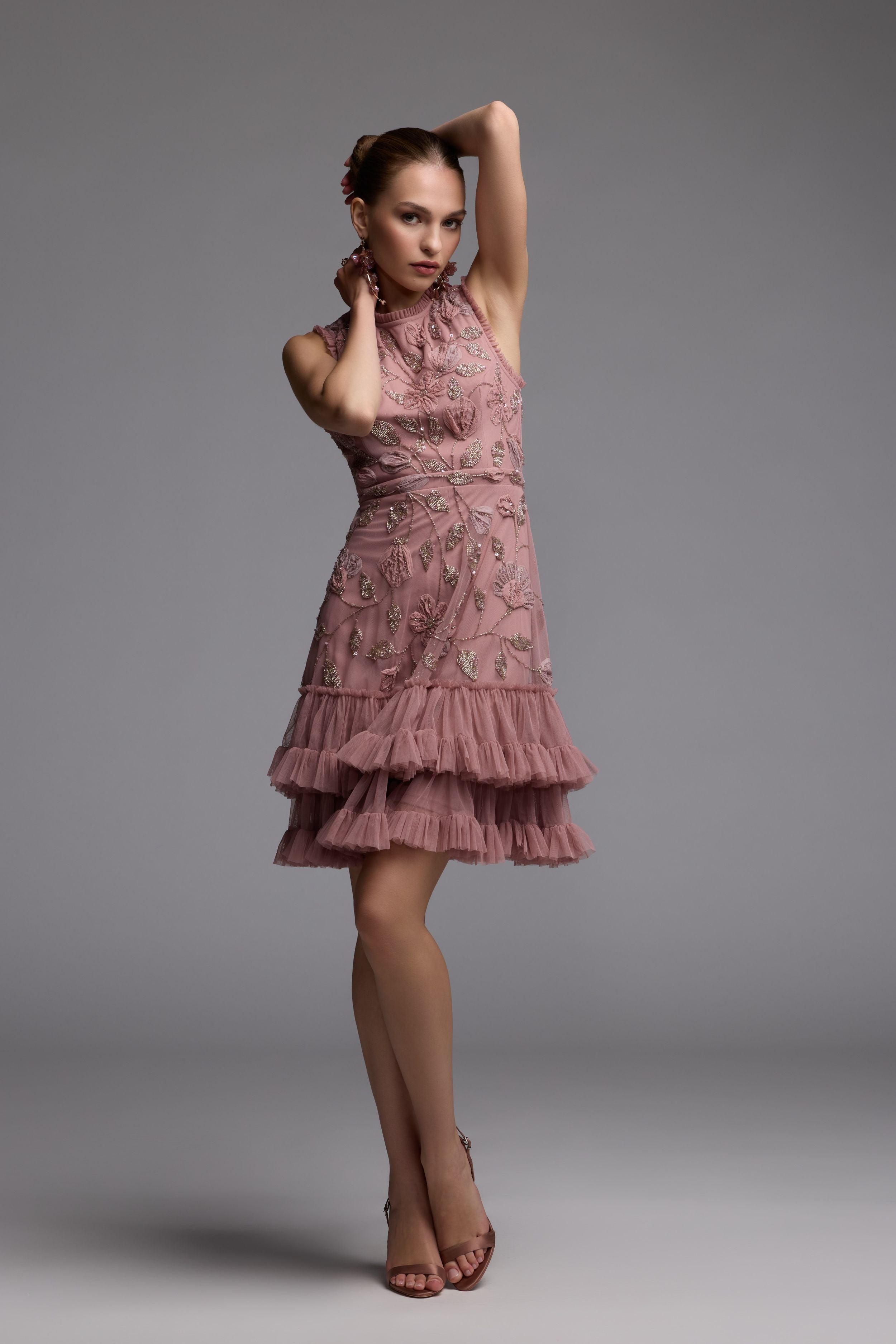 Pink High Neck Sleeveless Beaded Dress With Ruffled Hem - Mac Duggal