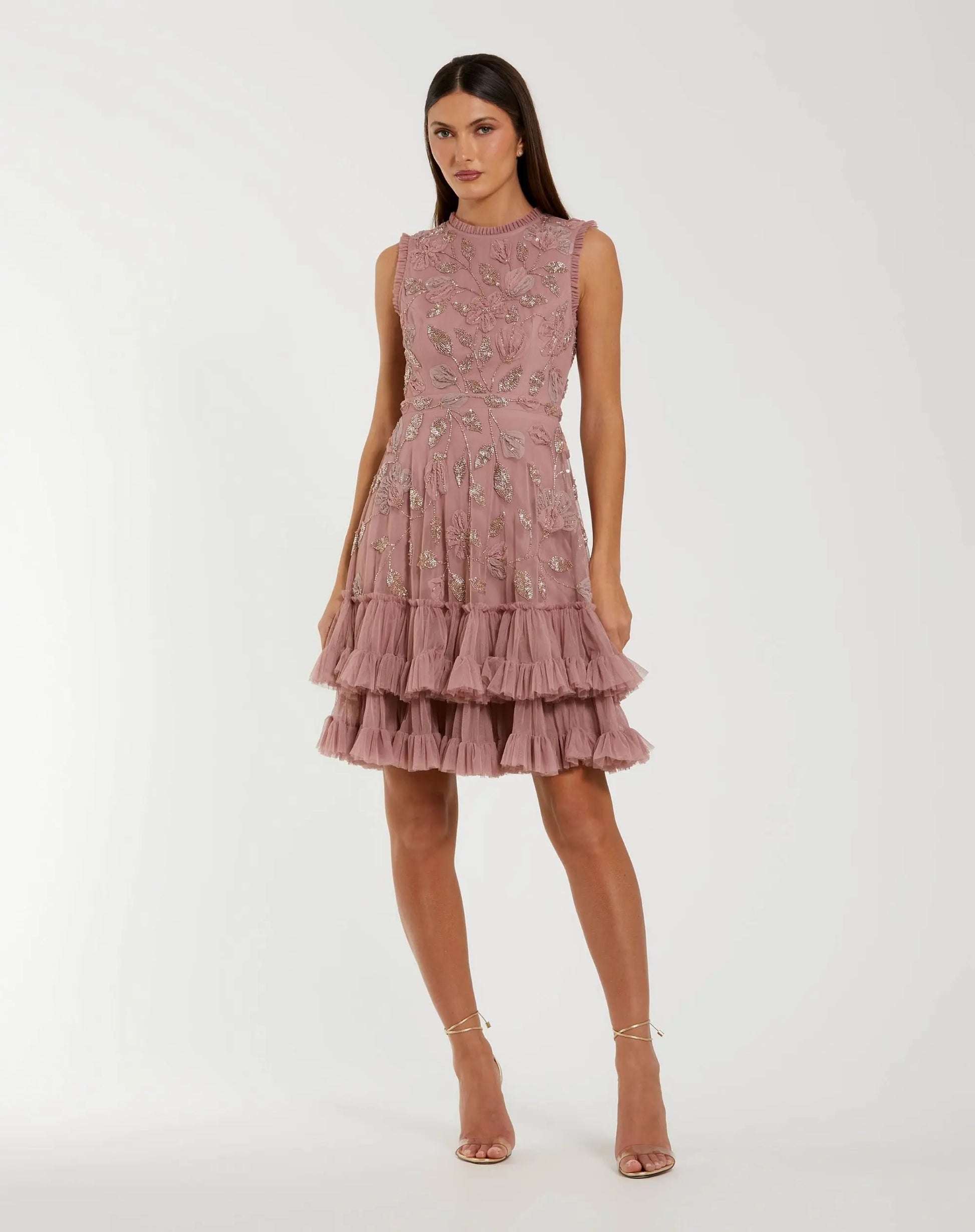 Pink High Neck Sleeveless Beaded Dress With Ruffled Hem | Mac Duggal Pink High Neck Sleeveless Beaded Dress With Ruffled Hem | Mac Duggal