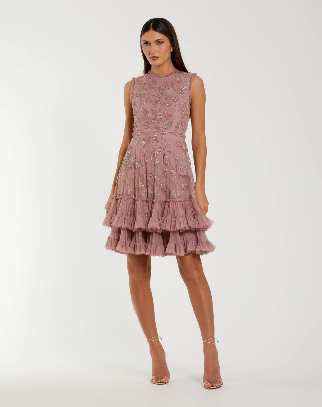 Pink High Neck Sleeveless Beaded Dress With Ruffled Hem - Mac Duggal