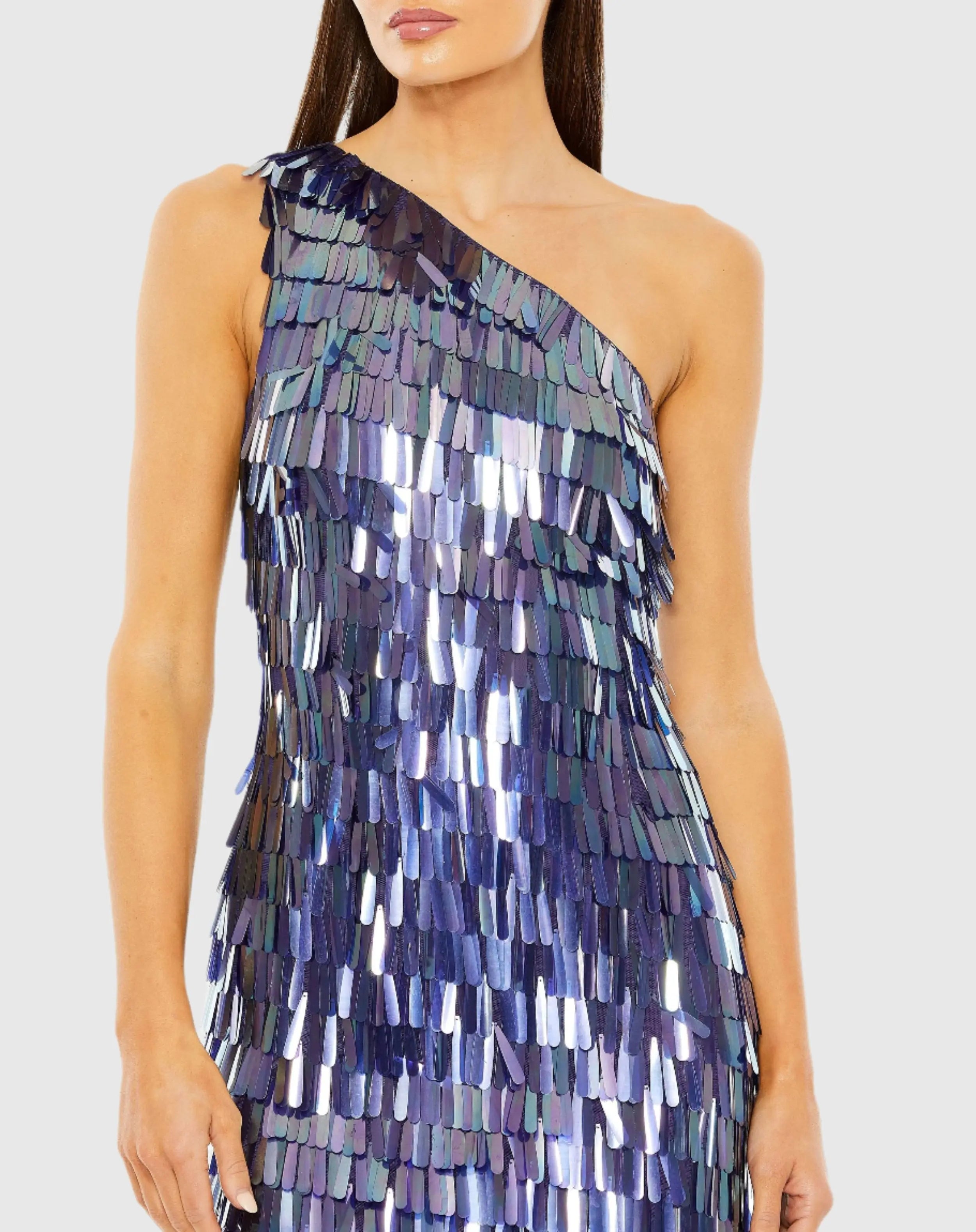 One Shoulder Ombre Fringe Paillette Mini Dress - Mac Duggal