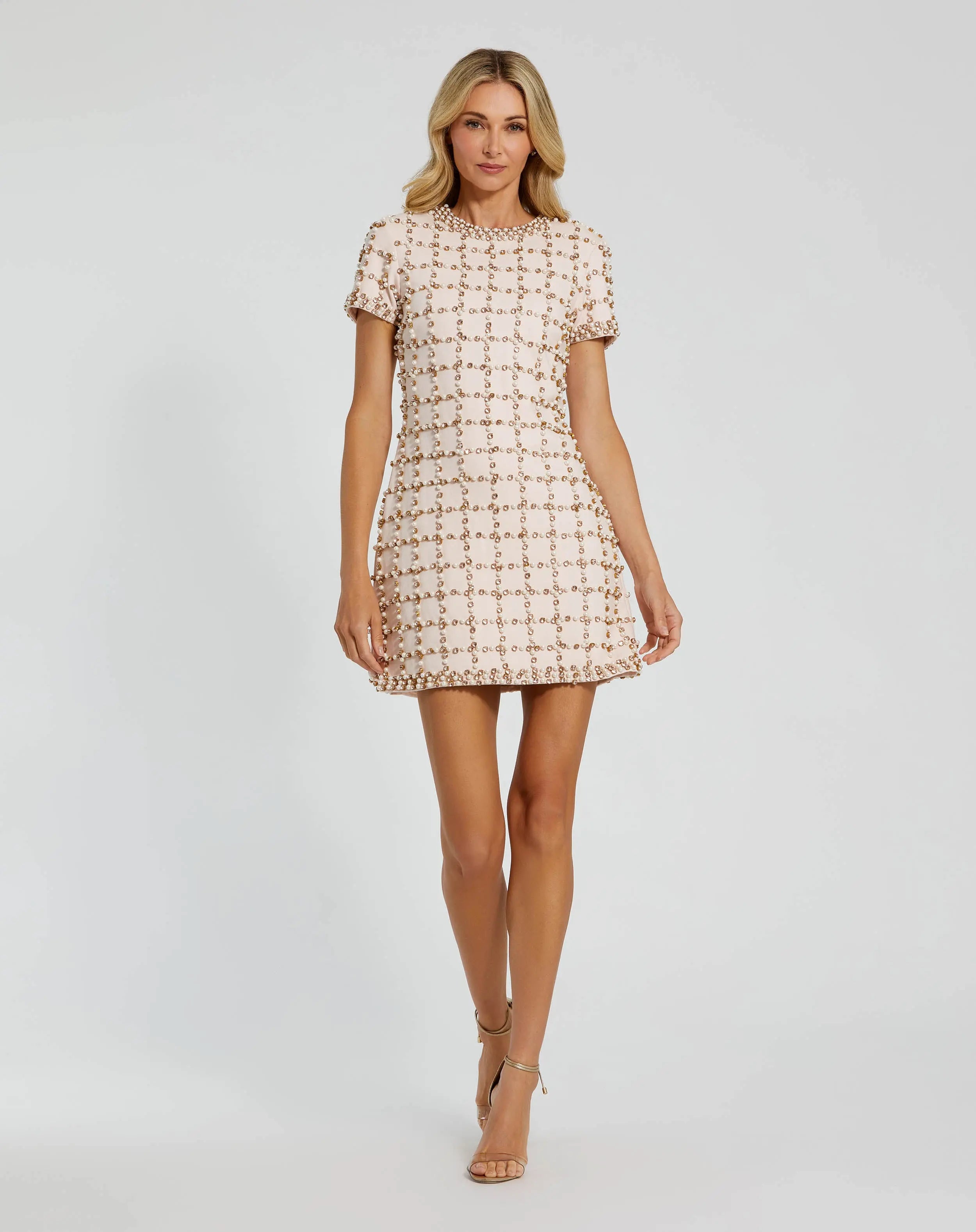mac duggal white pearl beaded square neck mini dress beaded white cocktail dress Mac Duggal