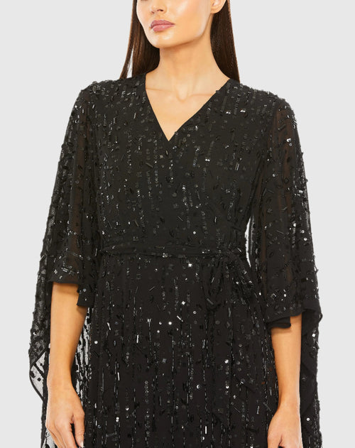 Black Cape Back Fringe Beaded Robe Dress