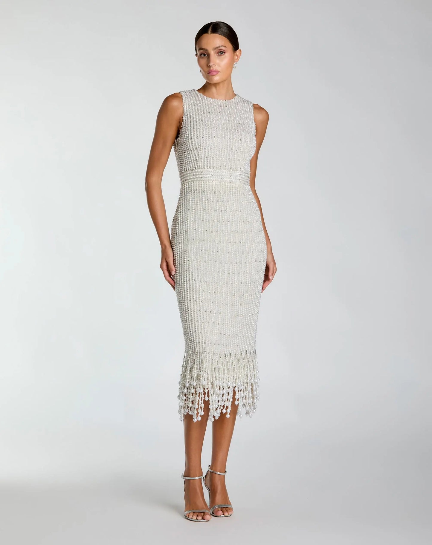 Mac Duggal - White Pearl Embellished Sleeveless Midi Dress - Ivory / US 10 Mac Duggal - White Pearl Embellished Sleeveless Midi Dress - Ivory / US 10