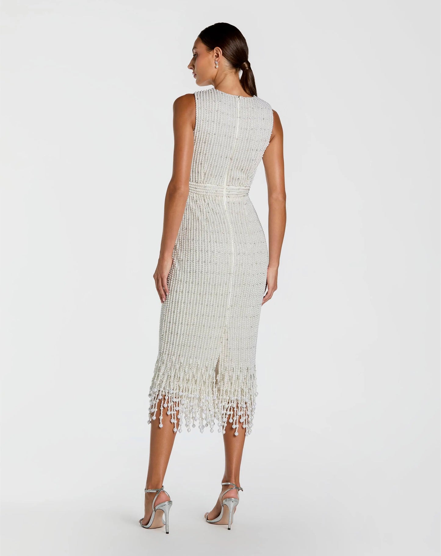 White Pearl Embellished Sleeveless Midi Dress - Mac Duggal