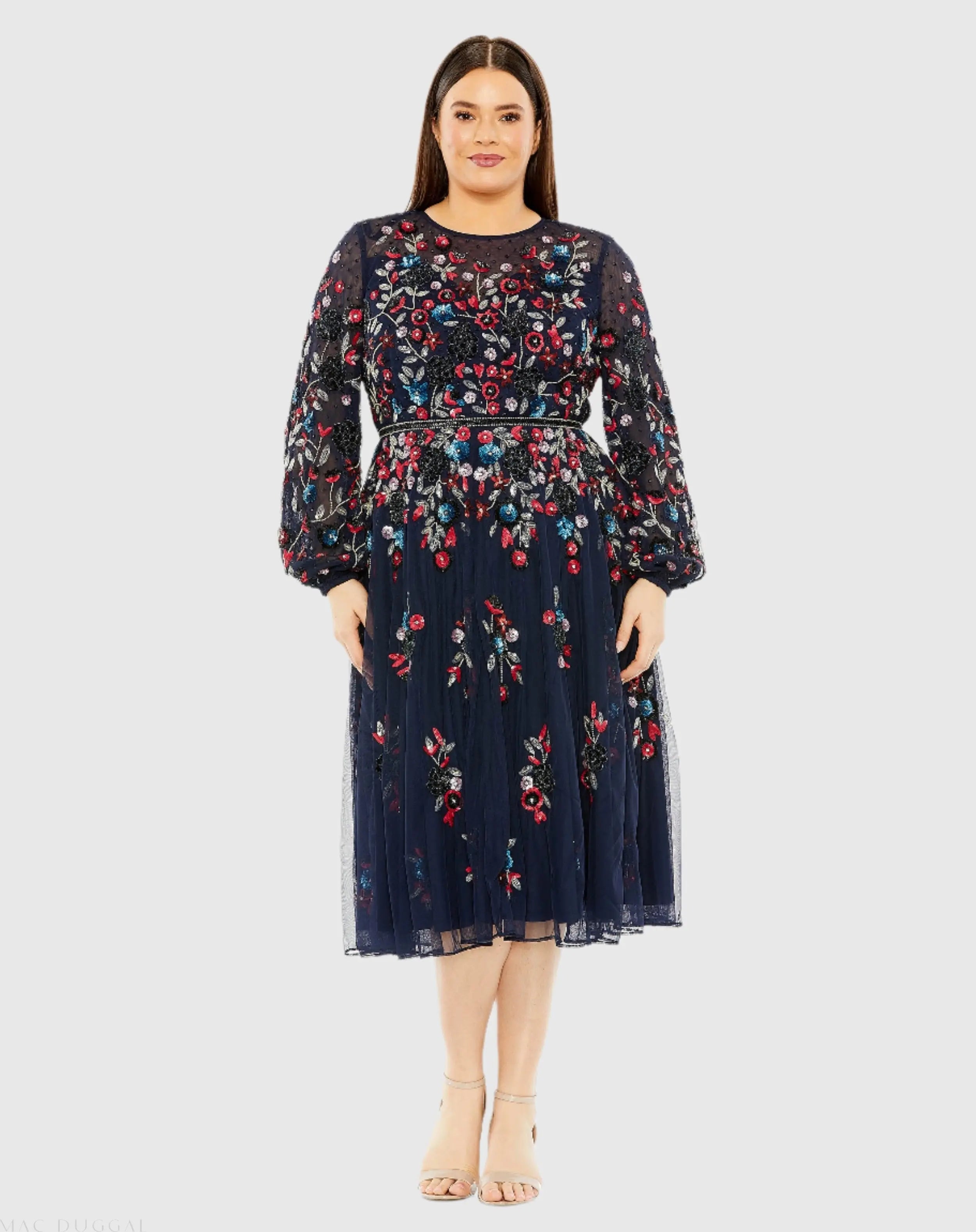 Long Sheer Sleeve Sequin Dress - Mac Duggal