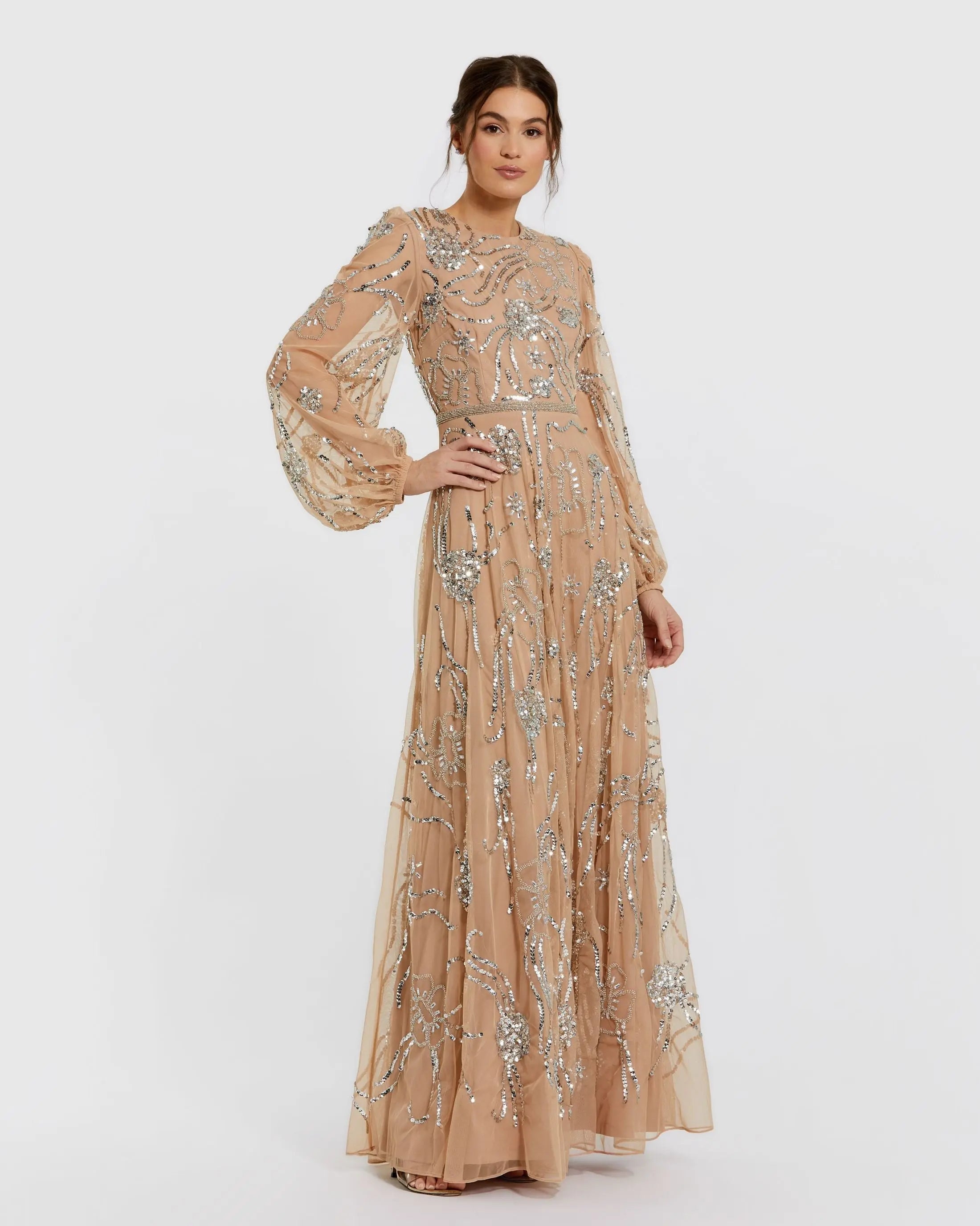 Beige Embellished High Neck Puff Sleeve Gown Mac Duggal