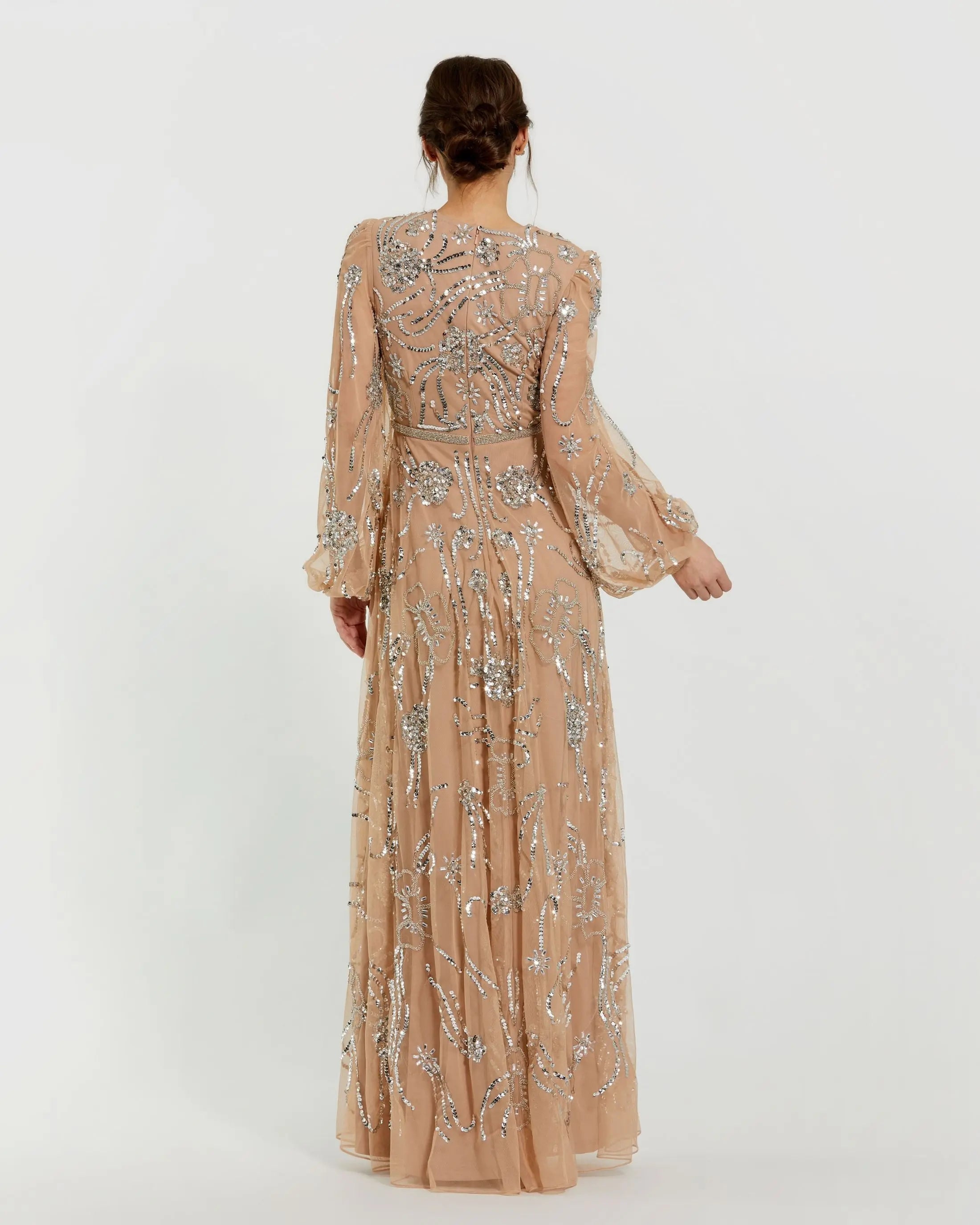 Beige Embellished High Neck Puff Sleeve Gown Mac Duggal