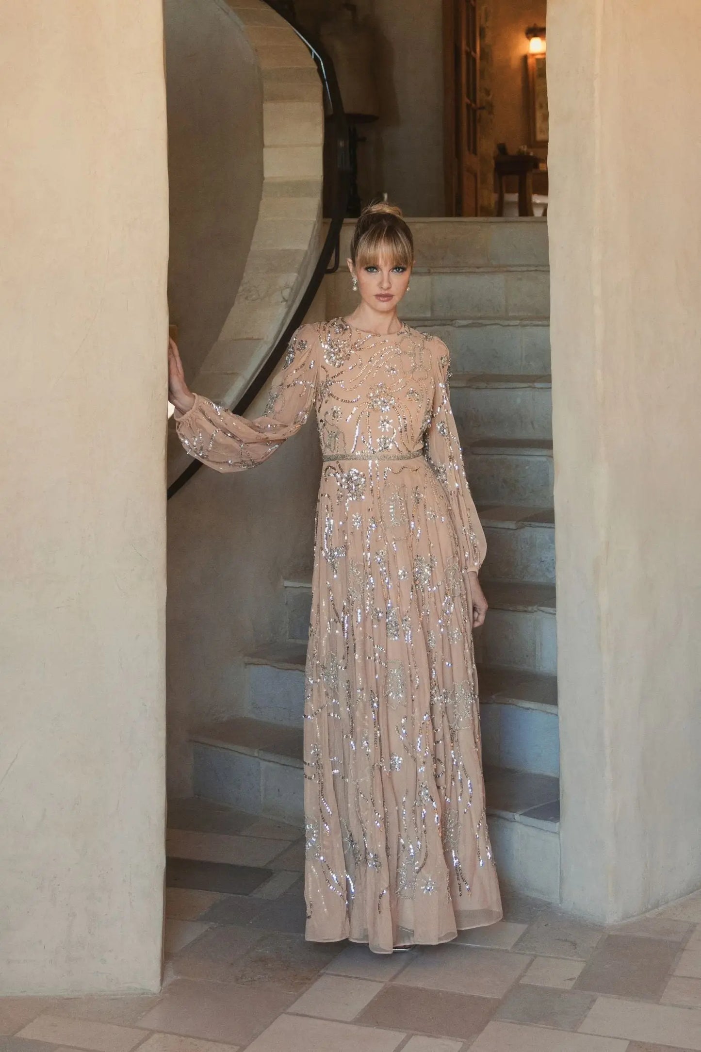 Beige Embellished High Neck Puff Sleeve Gown - Mac Duggal