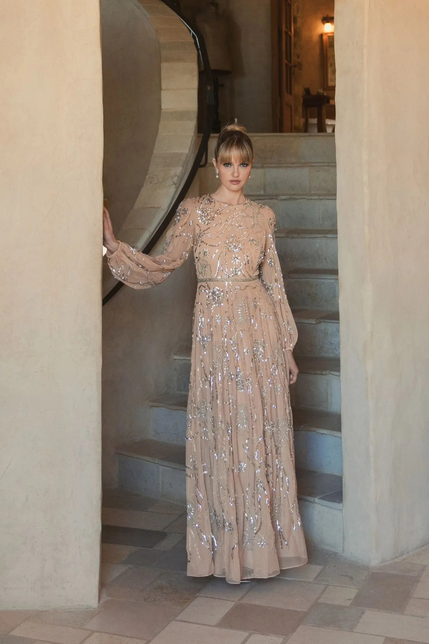 Beige Embellished High Neck Puff Sleeve Gown - Mac Duggal