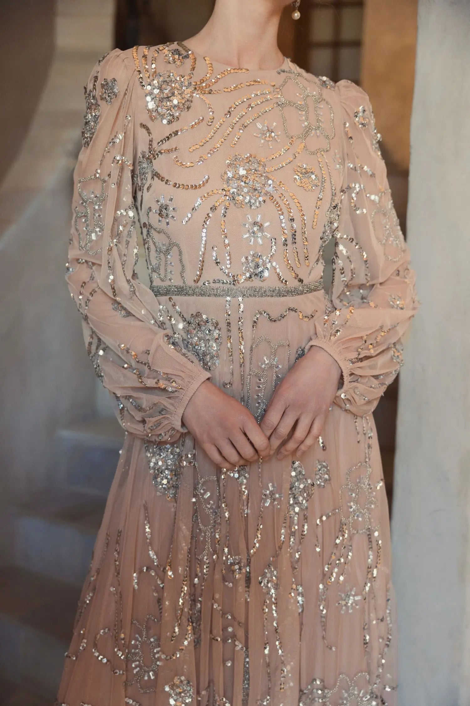 Beige Embellished High Neck Puff Sleeve Gown - Mac Duggal