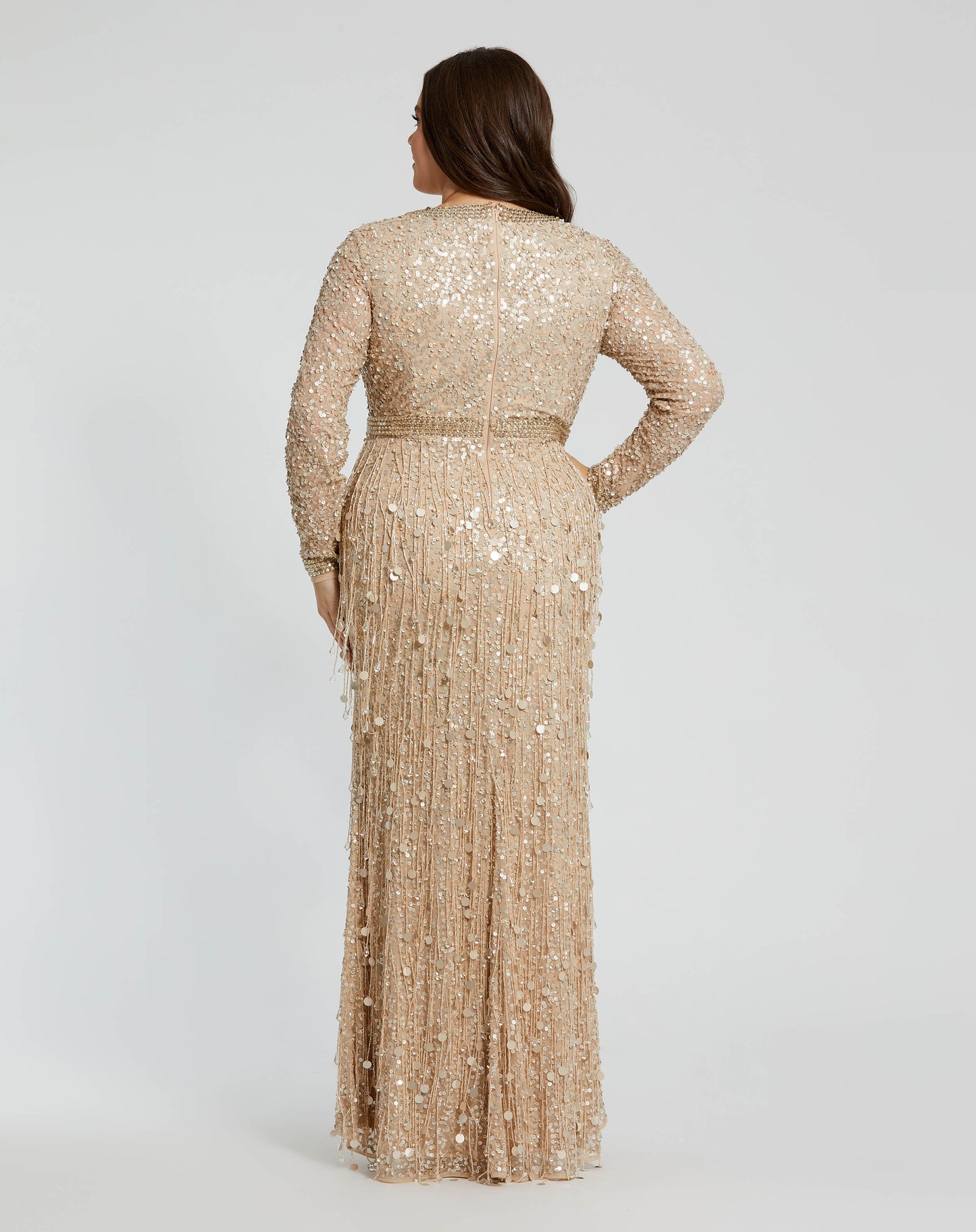 Embellished Fringe Long Sleeve Gown