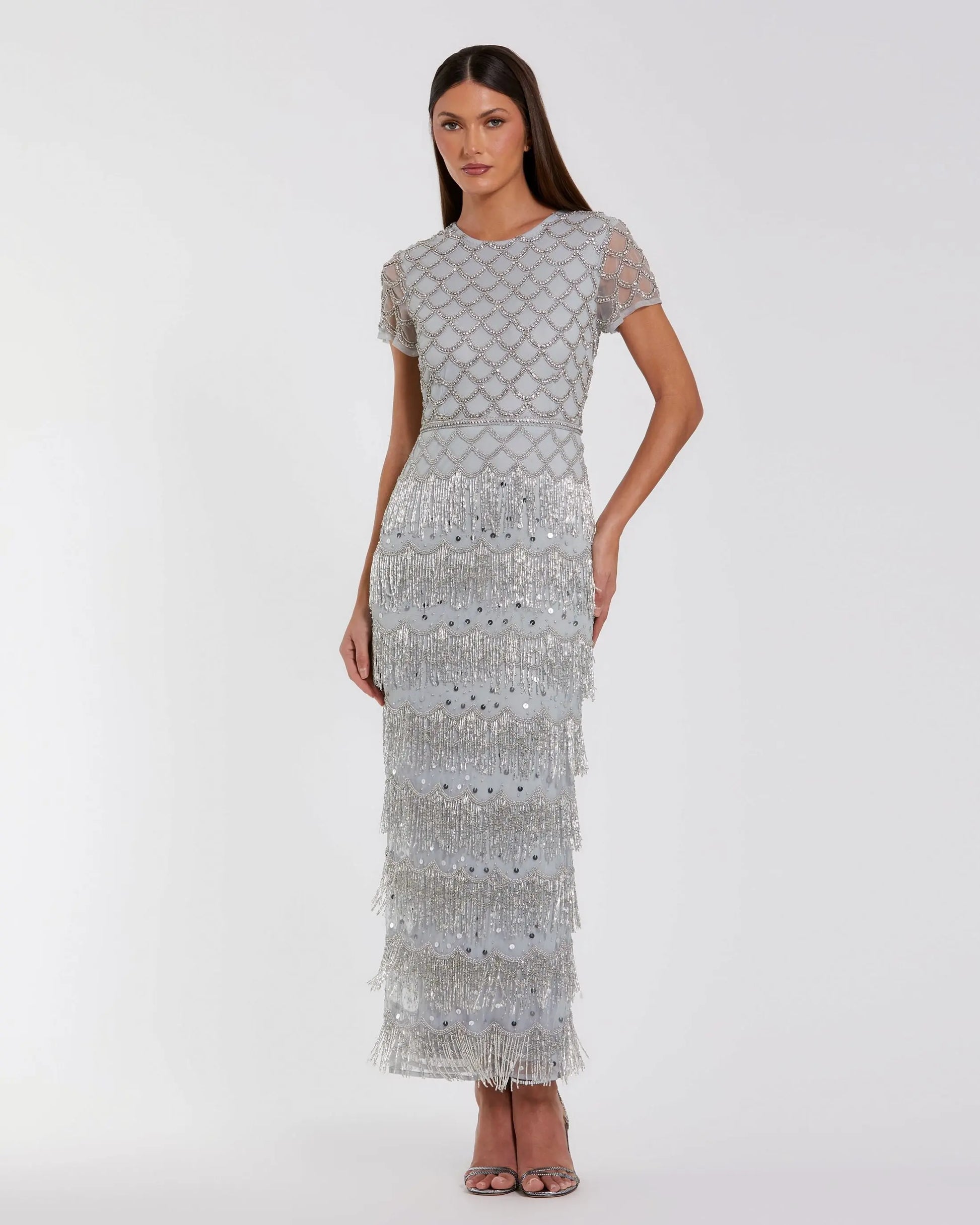 Blue Cap Sleeve Embellished Fringe Maxi Dress | Mac Duggal Blue Cap Sleeve Embellished Fringe Maxi Dress | Mac Duggal