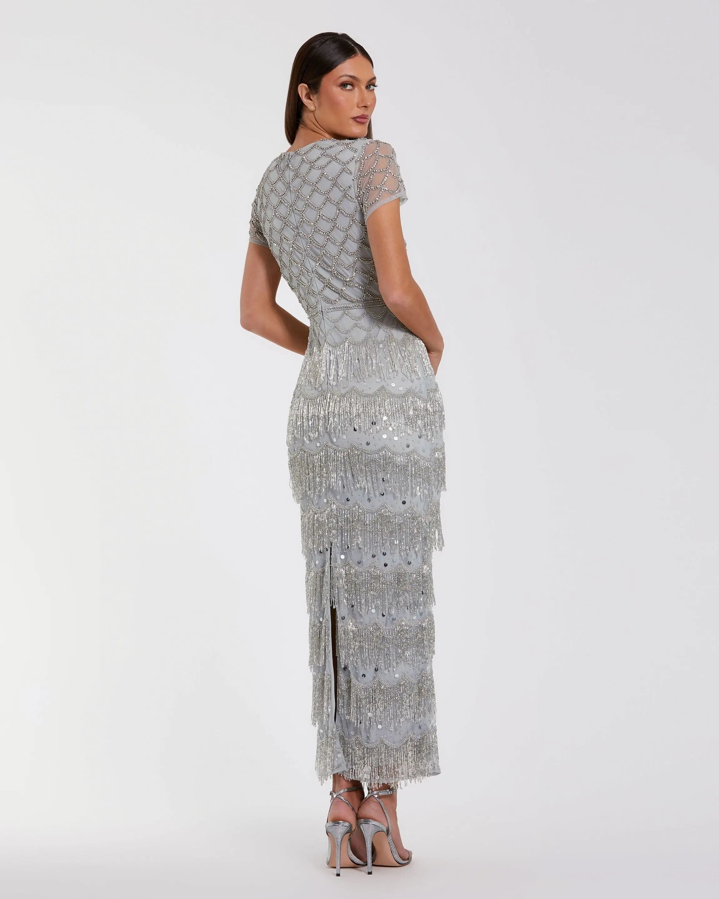 Blue Fringe Embellished Mesh Ankle Length Dress - Mac Duggal