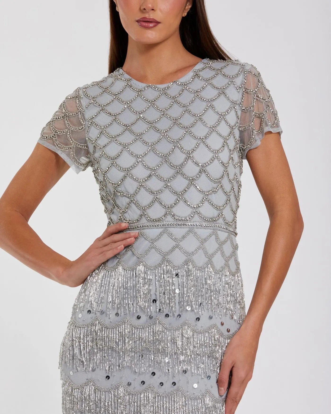 Blue Fringe Embellished Mesh Ankle Length Dress - Mac Duggal