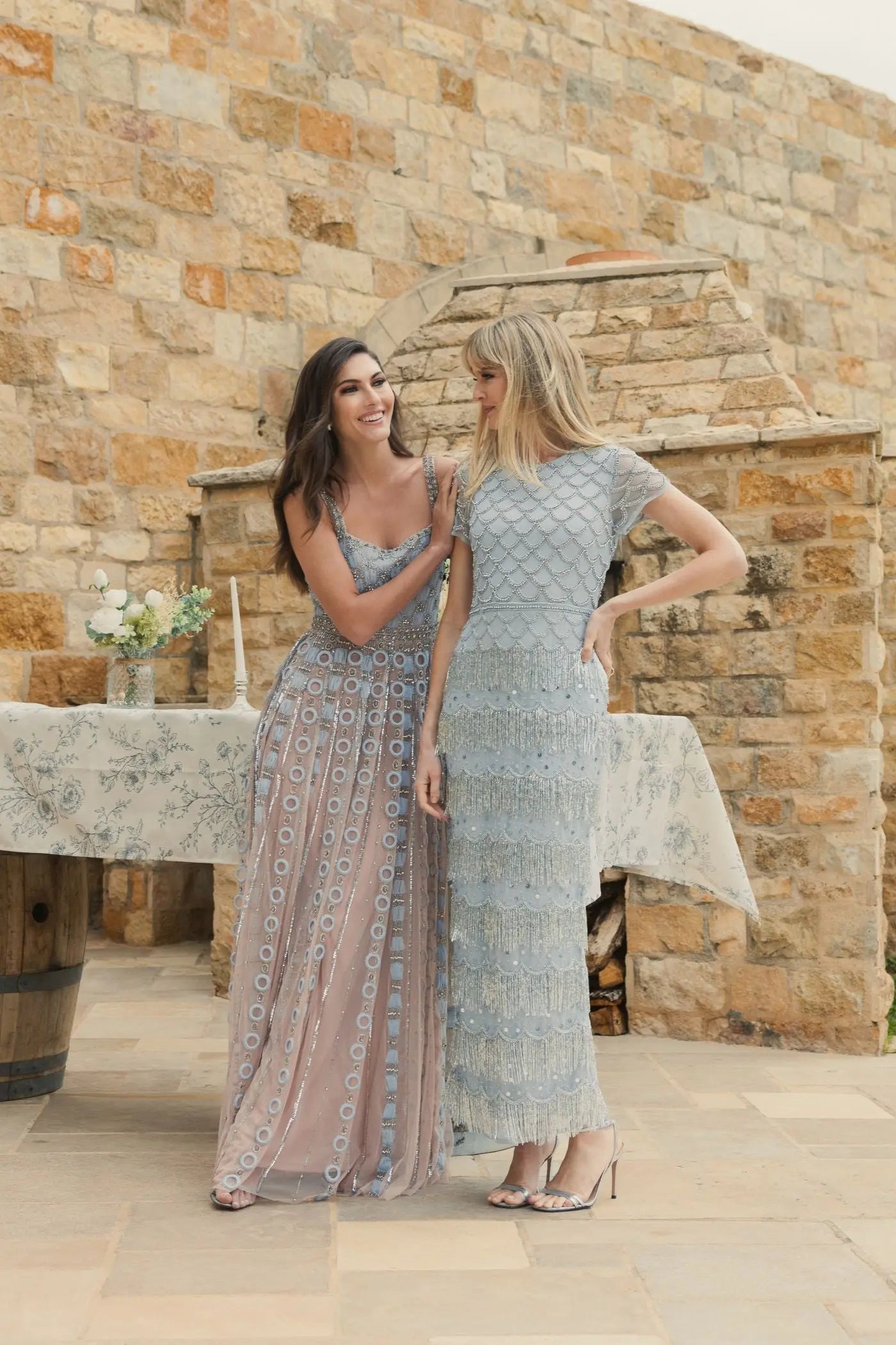 Blue Fringe Embellished Mesh Ankle Length Dress - Mac Duggal