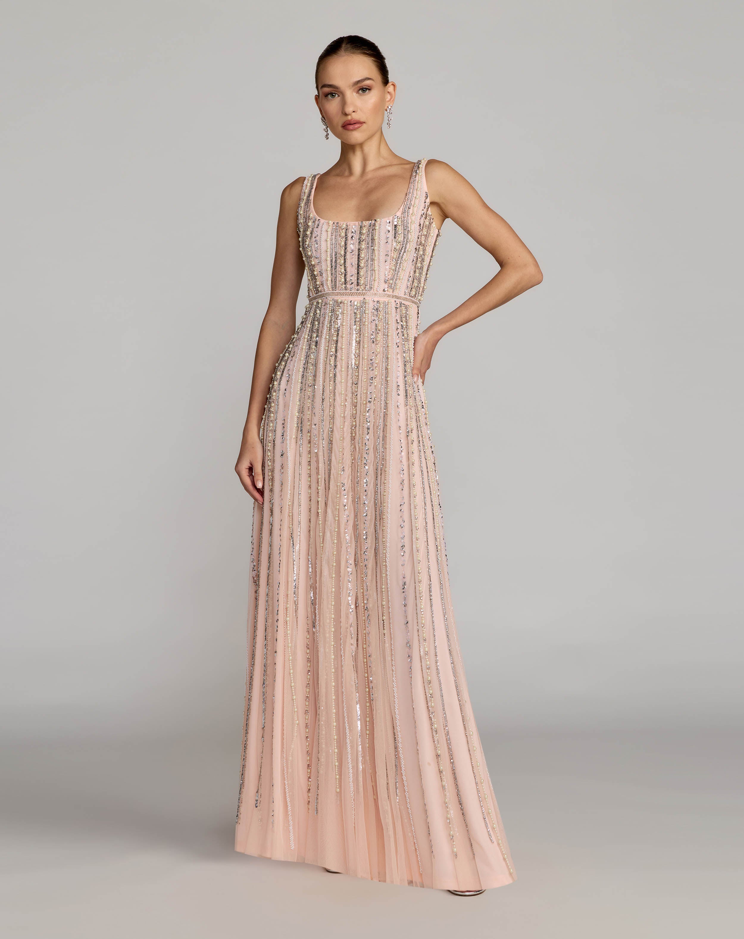 Pink Scoop Neck A-Line Gown With Striped Beading - Mac Duggal