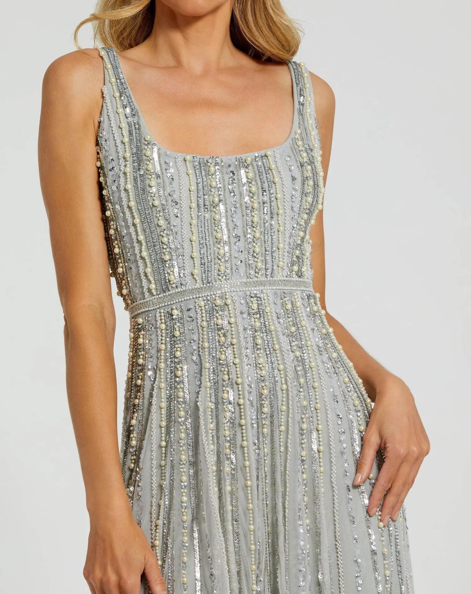 Mac Duggal Women's Scoop Neck A-Line Gown With Striped Beading - Powder Blue Mac Duggal Women's Scoop Neck A-Line Gown With Striped Beading - Powder Blue