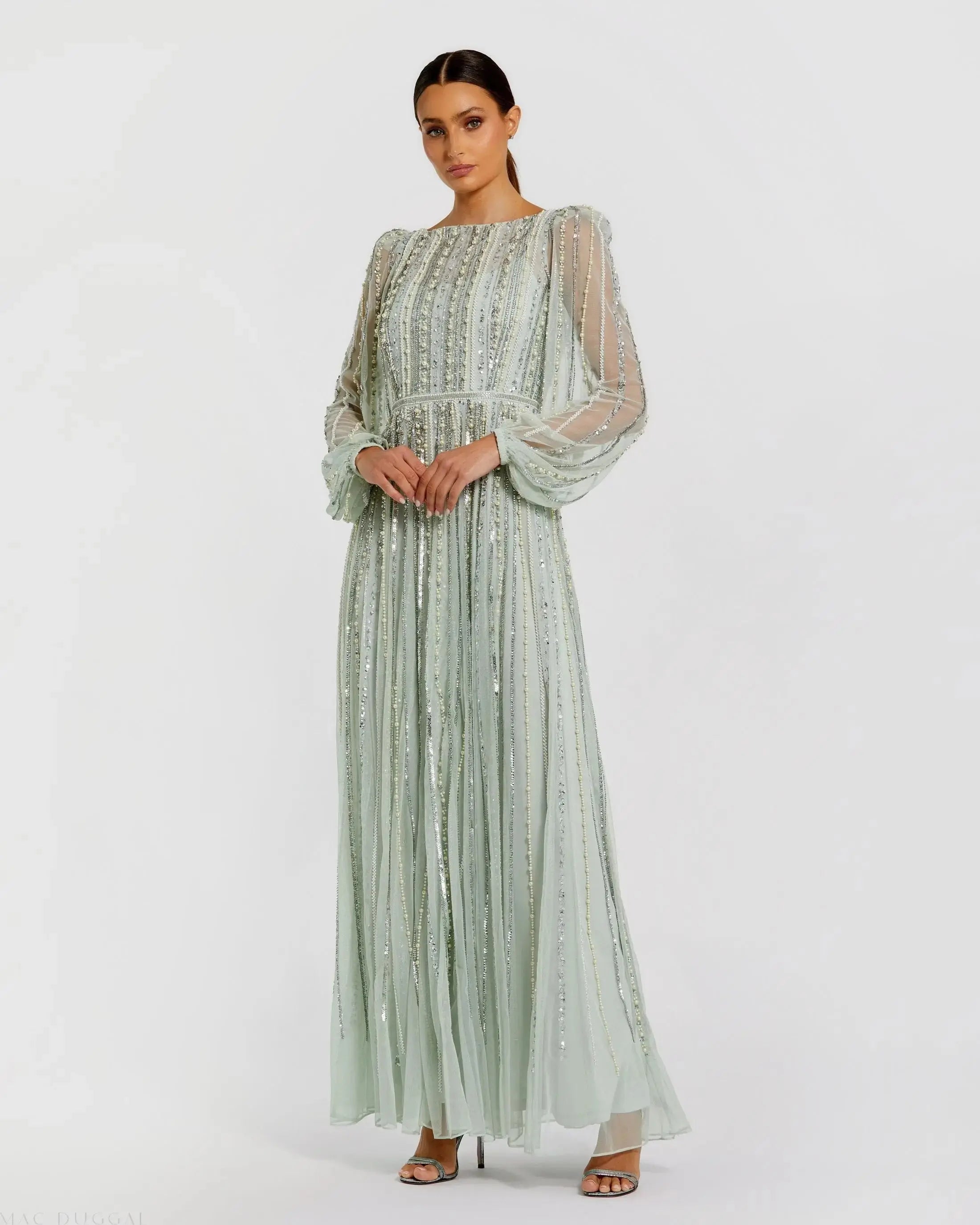 Green Boat Neck Long Sleeve Beaded Gown Mac Duggal