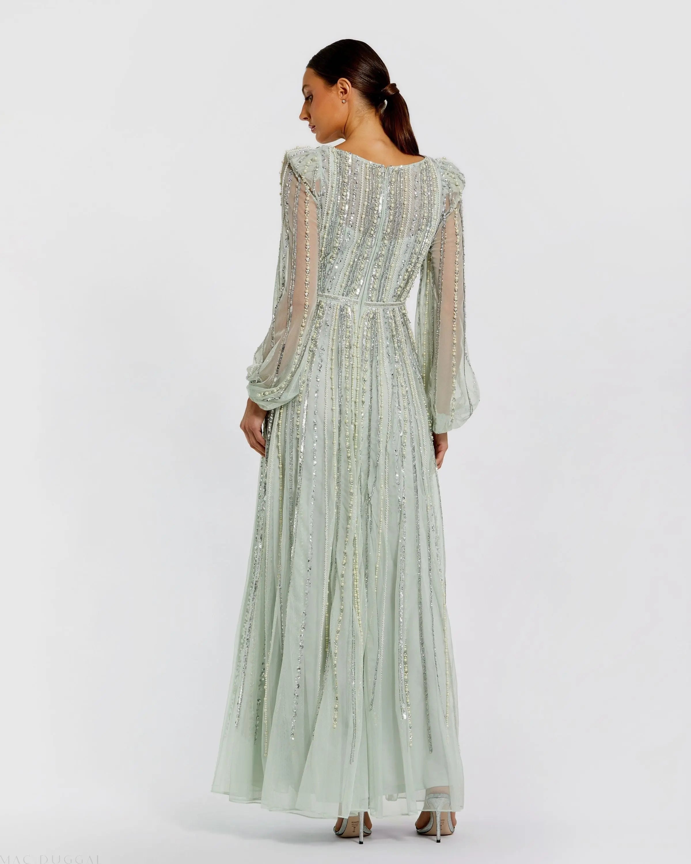 Green Boat Neck Long Sleeve Beaded Gown Mac Duggal