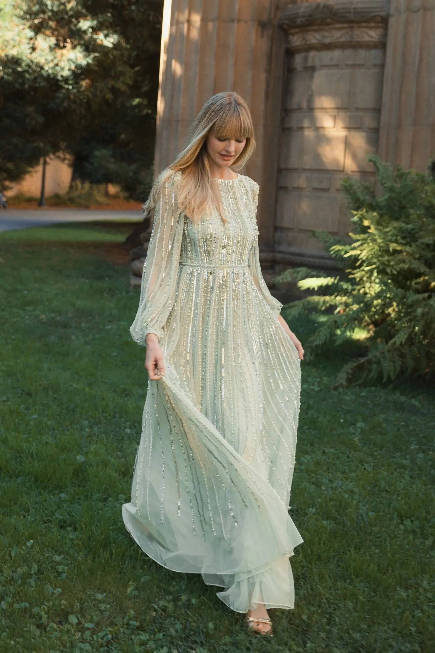 Green Boat Neck Long Sleeve Beaded Gown | Mac Duggal Green Boat Neck Long Sleeve Beaded Gown | Mac Duggal