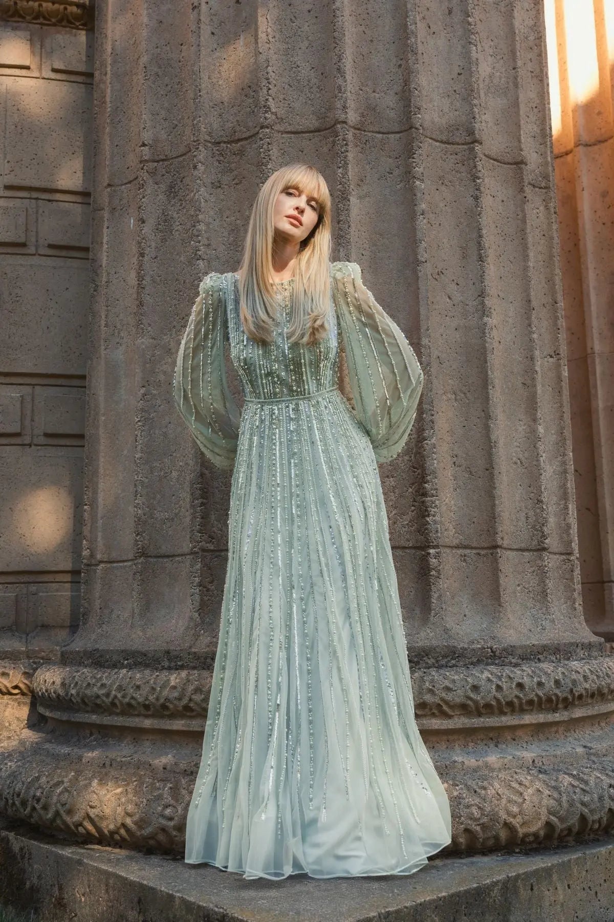 Green Boat Neck Long Sleeve Beaded Gown Green Boat Neck Long Sleeve Beaded Gown
