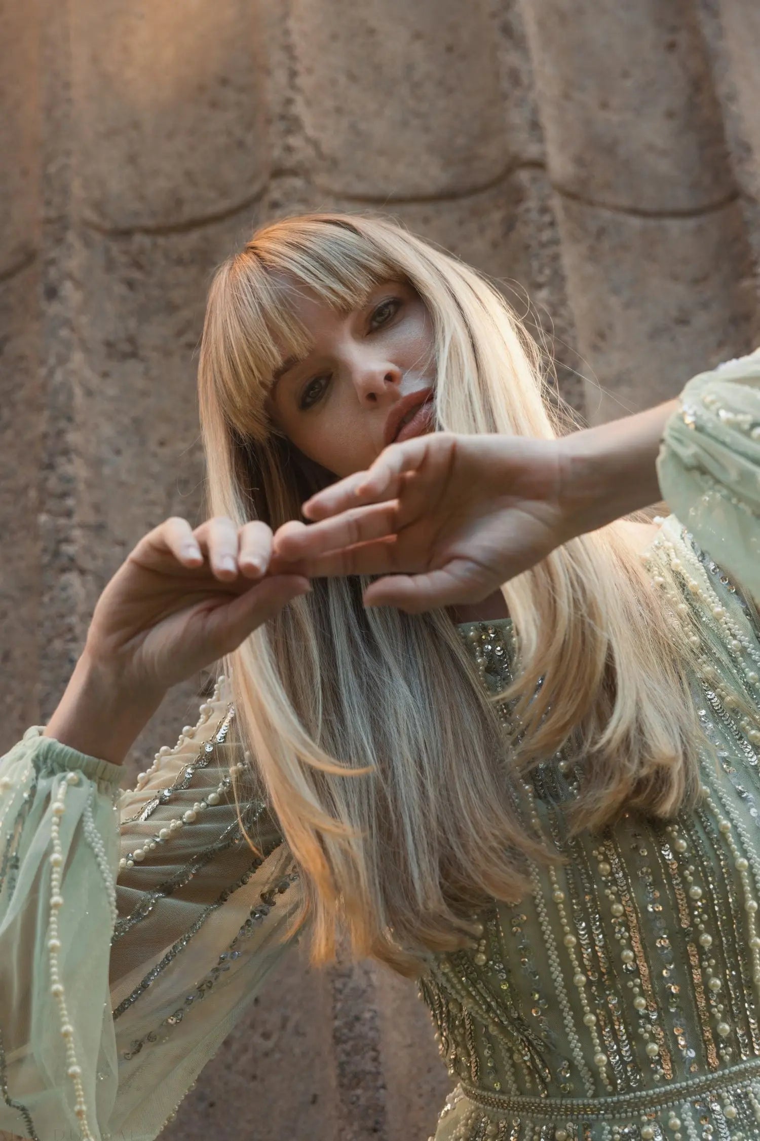 Green Boat Neck Long Sleeve Beaded Gown - Mac Duggal