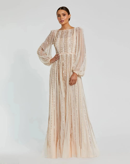 Pink Boat Neck Long Sleeve Gown With Striped Beading - Mac Duggal