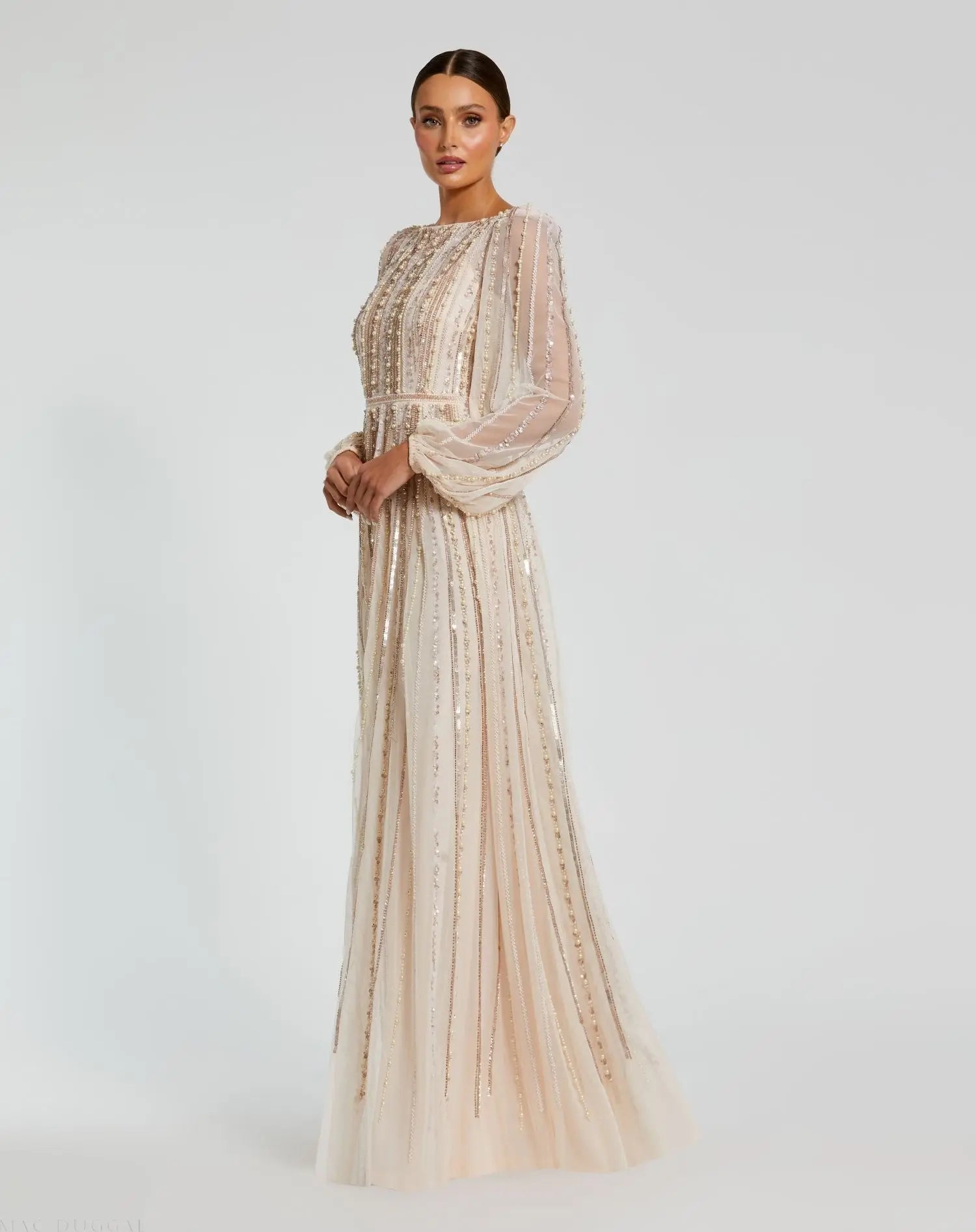 Pink Boat Neck Long Sleeve Gown With Striped Beading - Mac Duggal