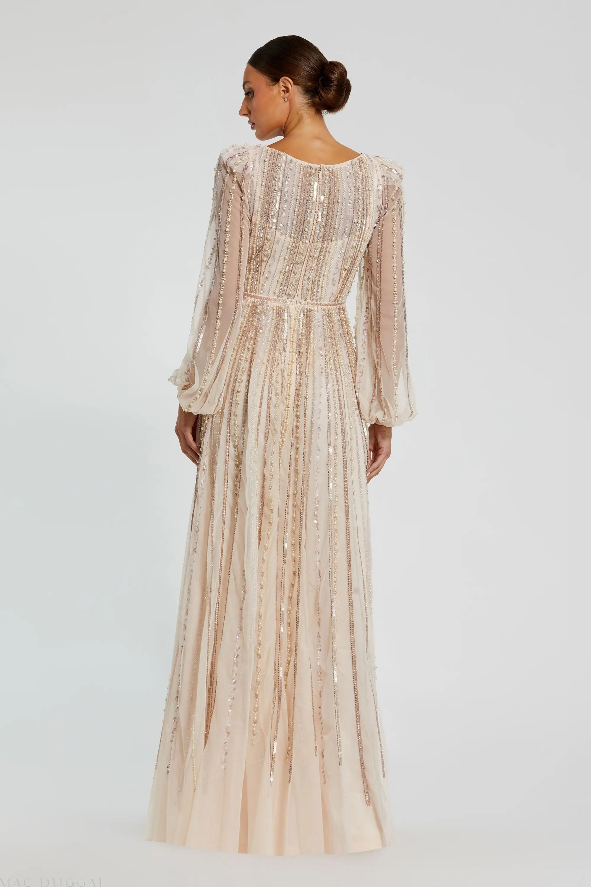 Mac Duggal Women's Boat Neck Long Sleeve Gown with Striped Beading - Tan/Beige - Size 10